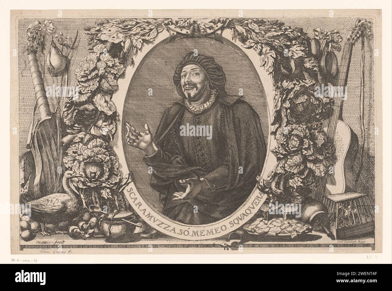 Portret Van Tiberio Fiorilli in De Rol Van Scaramuccia (Scaramouche), Jean Lepoutre (ACTRUTED TO), 1628 - 1682 print The actor is shown in half in an oval cartouche, which is covered with various types of cabbage. Next to the cartouche is a plate of pasta, a piece of cheese with a grater, a bird in a cage, a goose with youngsters who have just come out of the egg, next to a pot with lid and a spoon in between. Left and right is a guitar.  paper etching / engraving historical persons. portrait of actor, actress. ornament  cartouche. types in 'commedia dell'arte' (with NAME). plants and herbs: Stock Photo