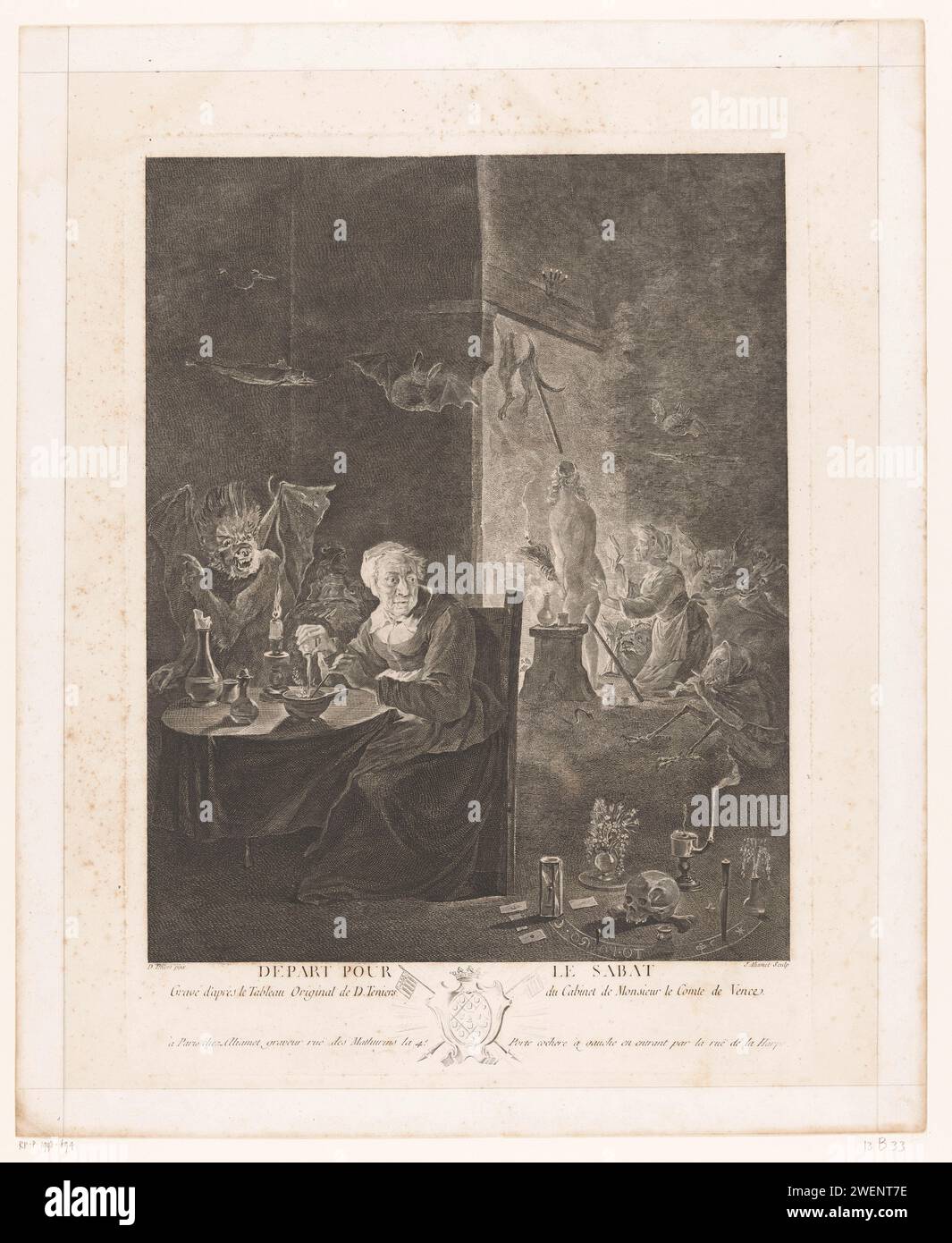 Heksensabbat, Jacques Aliamet, After David Teniers, 1755 print   paper etching / engraving worshipping the devil (often in the form of a he-goat) during witches' sabbath. old woman. devil(s) and demons. open hearth, fire-place Stock Photo