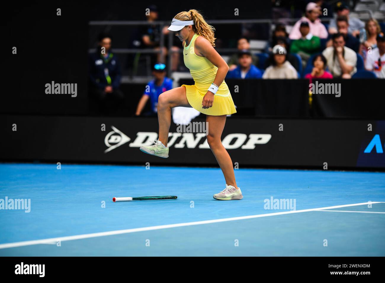 Mirra Andreeva of Russia seen playing stepping on a tennis Racket while playing against Barbora Krejcikova of Czech Republic (not in picture) during Round 4 match of the Australian Open Tennis Tournament at Melbourne Park. Barbora Krejcikova beats Mirra Andreeva in 3 sets with a score 4-6 6-3 6-2. Stock Photo