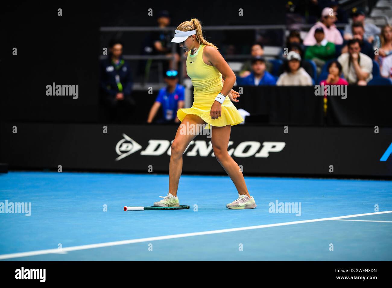 Mirra Andreeva of Russia seen playing stepping on a tennis Racket while playing against Barbora Krejcikova of Czech Republic (not in picture) during Round 4 match of the Australian Open Tennis Tournament at Melbourne Park. Barbora Krejcikova beats Mirra Andreeva in 3 sets with a score 4-6 6-3 6-2. Stock Photo