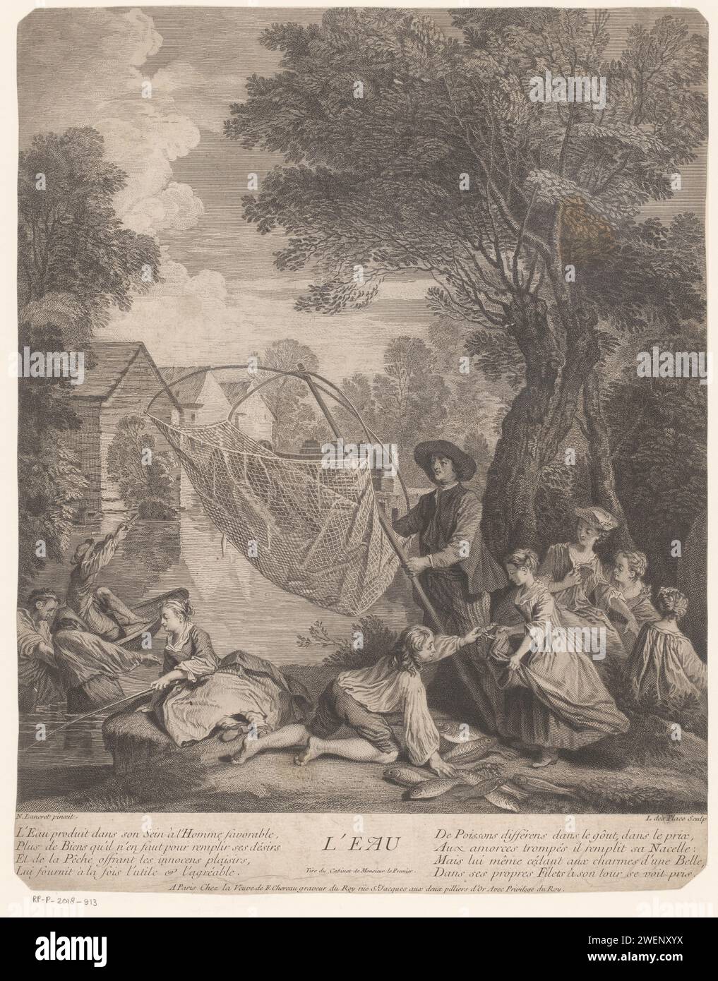 Water, Louis Desplaces, after Nicolas Lancret, c. 1732 print Company on the banks of a river. A man holds a landing net in his hand. On the left a sitting woman with rod.  paper etching / engraving fishing (sports). fishing net. water (one of the four elements) Stock Photo