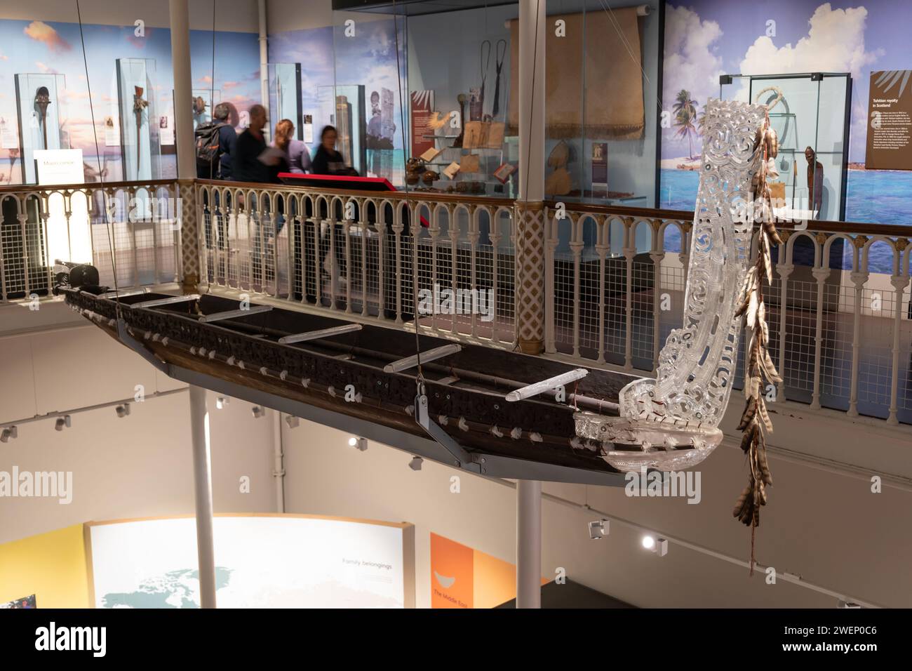 Maori Waka Taua war canoe in National Museum of Scotland in Edinburgh, Scotland, UK. Made before 1827 in Bay of Plenty, North Island, New Zealand with Stock Photo