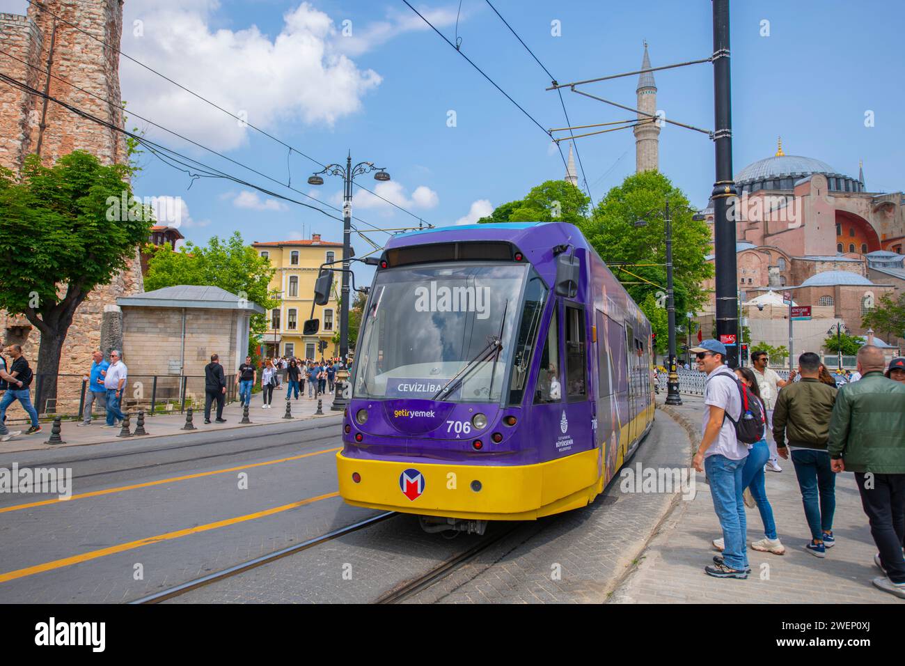 Istanbul Tram T1 line Bombardier Flexity Swift A32 on Divan Yolu Caddesi Avenue in Fatih near Sultanahmet Station in Istanbul, Turkey. Stock Photo