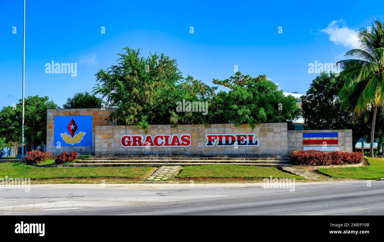 Propaganda sign reading Gracias Fidel in Santa Clara, Cuba Stock Photo