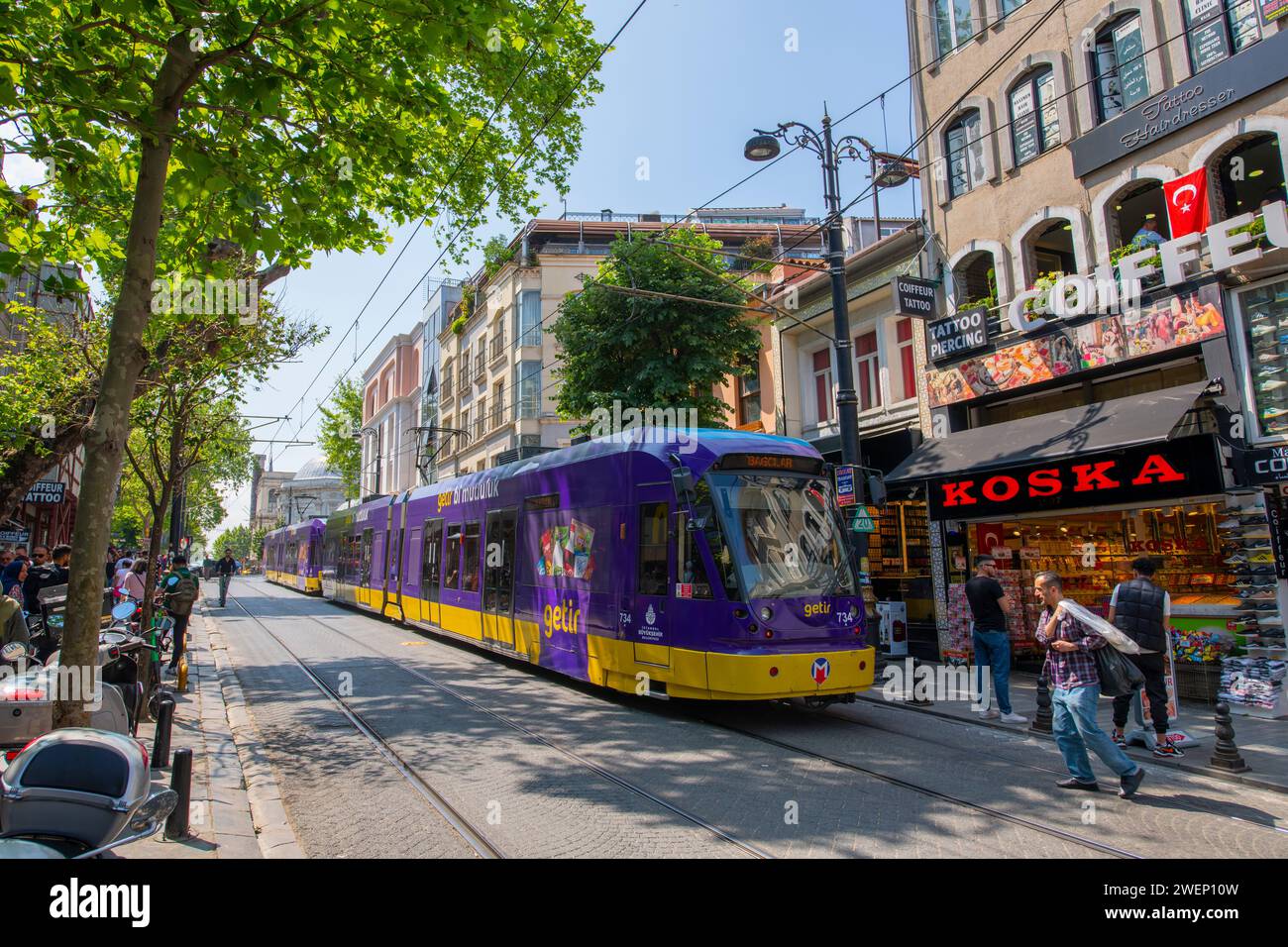 Istanbul Tram T1 line Bombardier Flexity Swift A32 on Divan Yolu Caddesi Avenue in Fatih near Sultanahmet Station in Istanbul, Turkey. Stock Photo