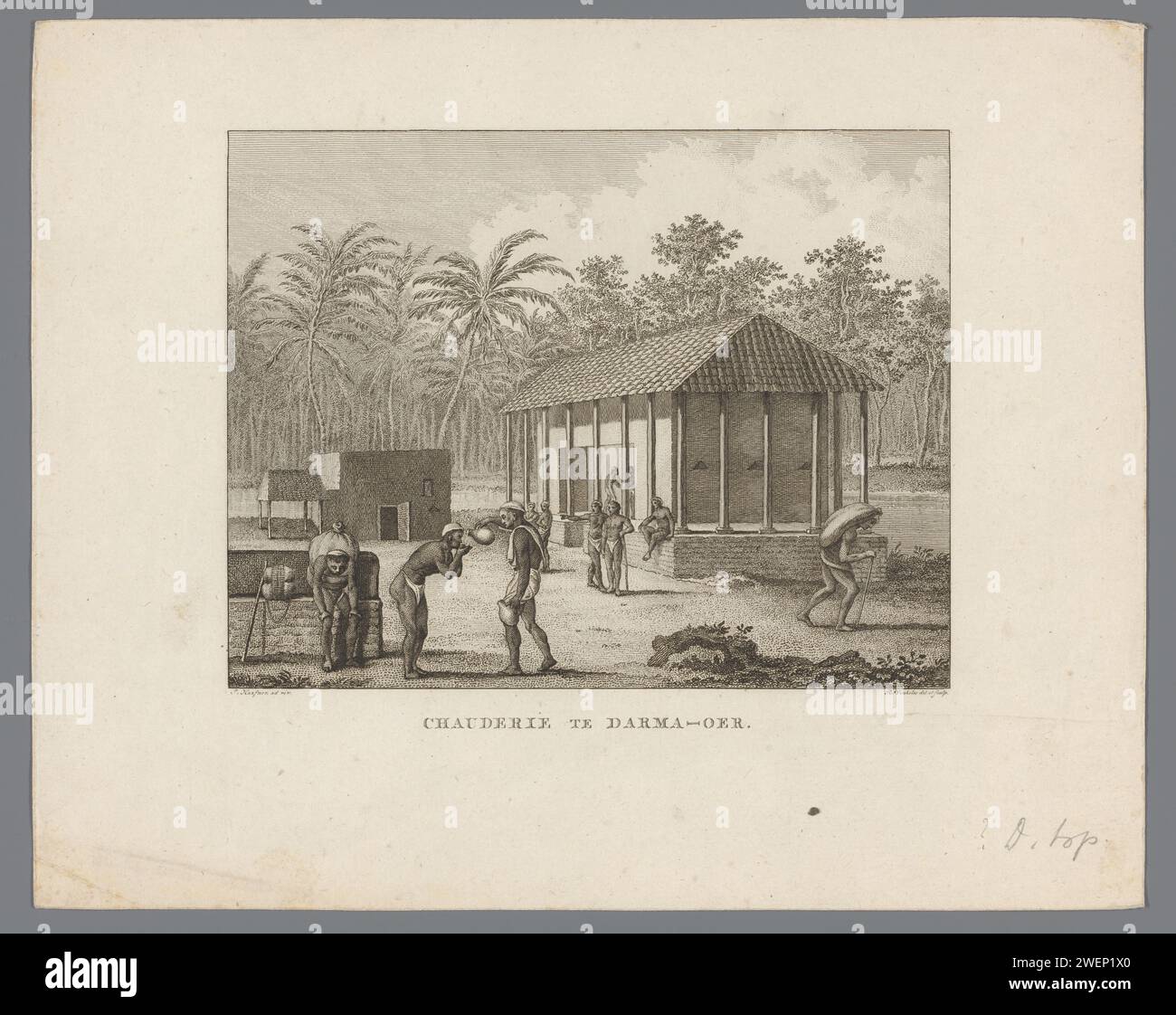 View of a resting place where a monk supplies travelers, Reinier Vinkeles (I), after Jacob Godfried Haafner, 1808 print For a small building, a monk donates drinks in the hands of a traveler. Some other travelers are also depicted, as well as an outbuilding. In the background a forest with, among other things, palm trees. Darma-Ur is an un identified place in the Indian province of Andhra Pradesh.  paper engraving / etching inn, coffee-house, public house, etc. Andhra Pradesh Stock Photo