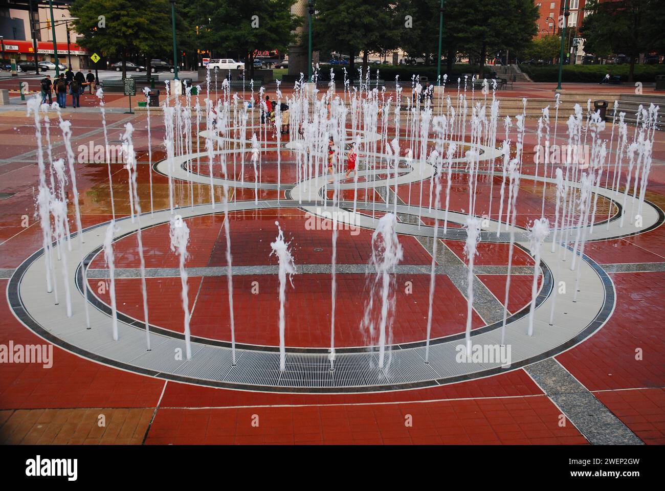Waters gush from a fountain shaped like the Olympic Rings at Centennial Park, in Atlanta, home of the 1996 Summer Games Stock Photo