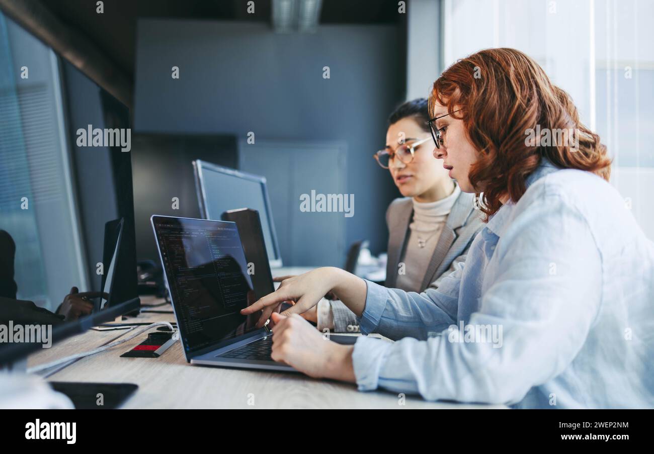 A diverse group of professionals discuss and collaborate in a modern office. They work on laptops, focusing on software design and programming. With t Stock Photo