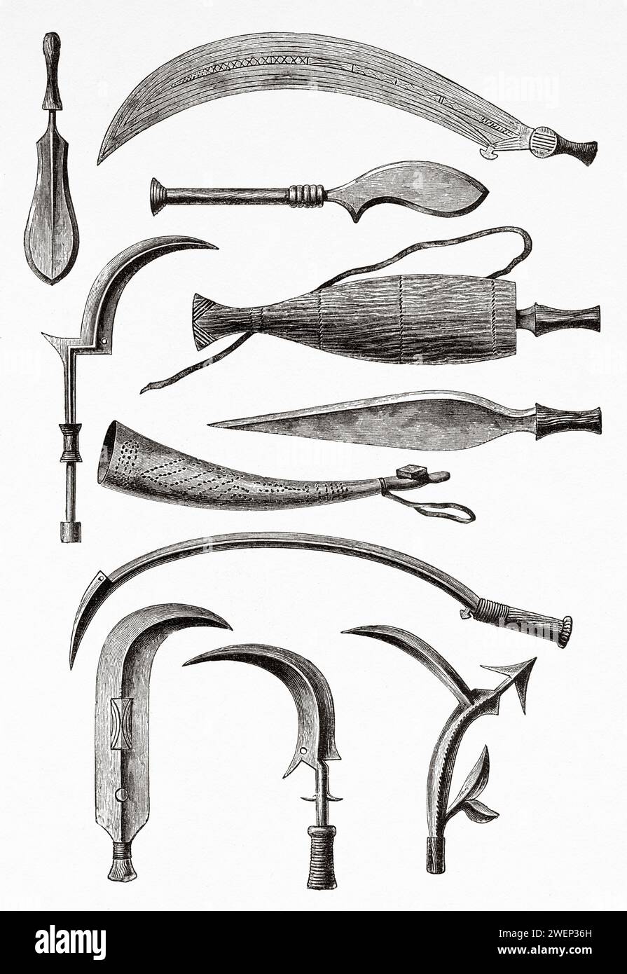 Swords, knives and various weapons of ivory horn. Africa. Emin Pasha Relief Expedition 1886-1889 by Henry Morton Stanley (1841 - 1904) Old 19th century engraving from Le Tour du Monde 1890 Stock Photo