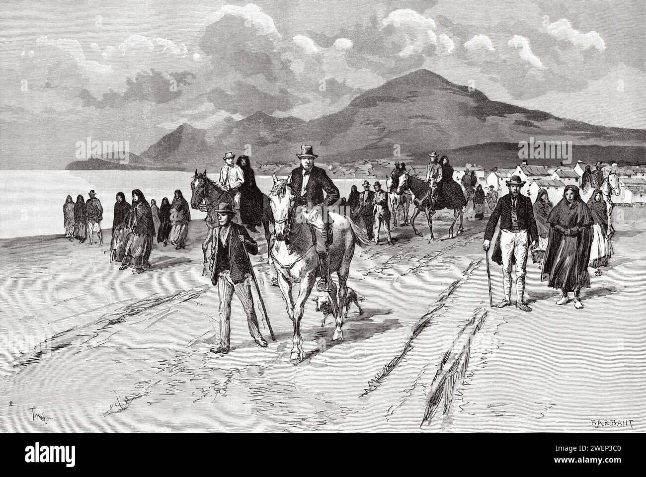 Islanders going to mass, County Mayo, Republic of Ireland. Three Months In Ireland By Miss Marie Anne De Bovet (1855 - 1935) Limerick and the Clare Coast 1889 Stock Photo