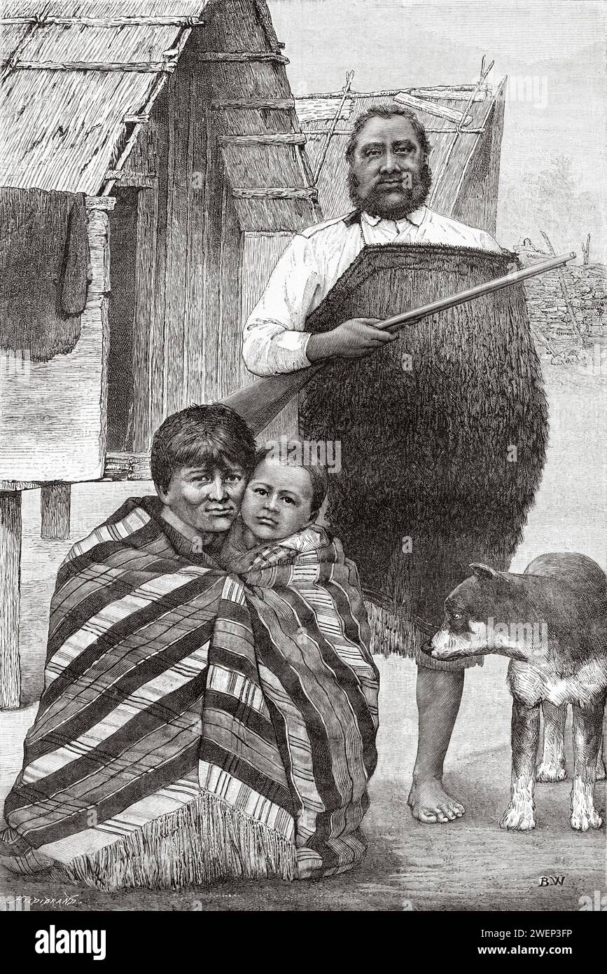 Maori family, New Zealand. Trip to New Zealand 1889 by Gerrit Verschuur (1840-1906) Stock Photo