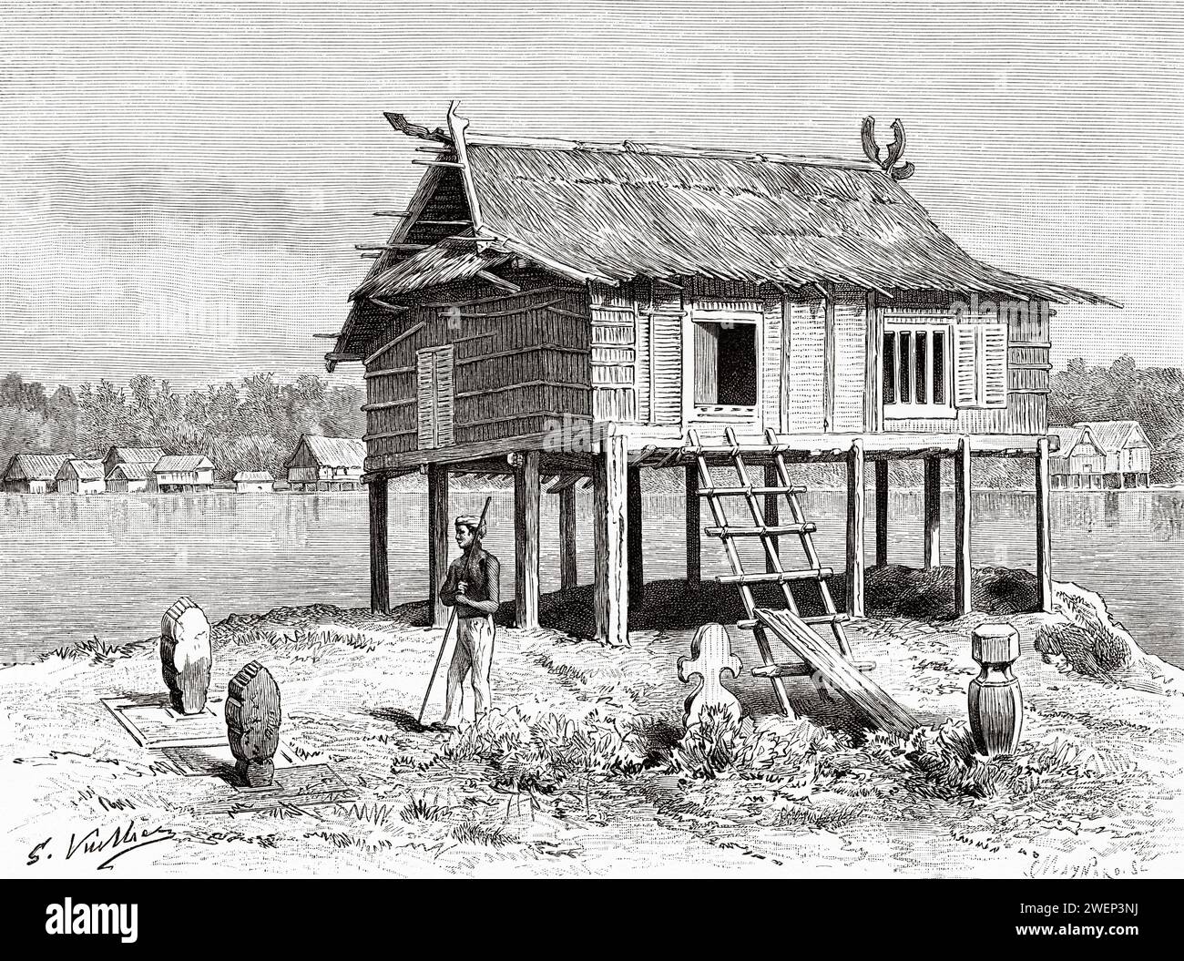 Traditional Malay dwelling in Samarinda, East Kalimantan. Borneo Island, Indonesia. From Koutei to Banjarmasin, a journey through Borneo by Carl Bock (1849 - 1932) Old 19th century engraving from Le Tour du Monde 1890 Stock Photo
