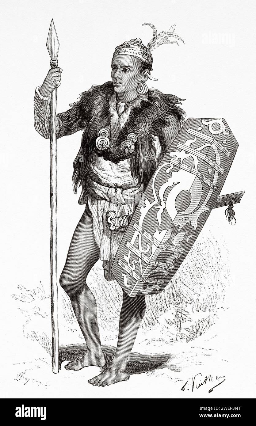 Dyak of Long Wai in war costume. Kalimantan. Borneo Island, Indonesia. From Koutei to Banjarmasin, a journey through Borneo by Carl Bock (1849 - 1932) Stock Photo