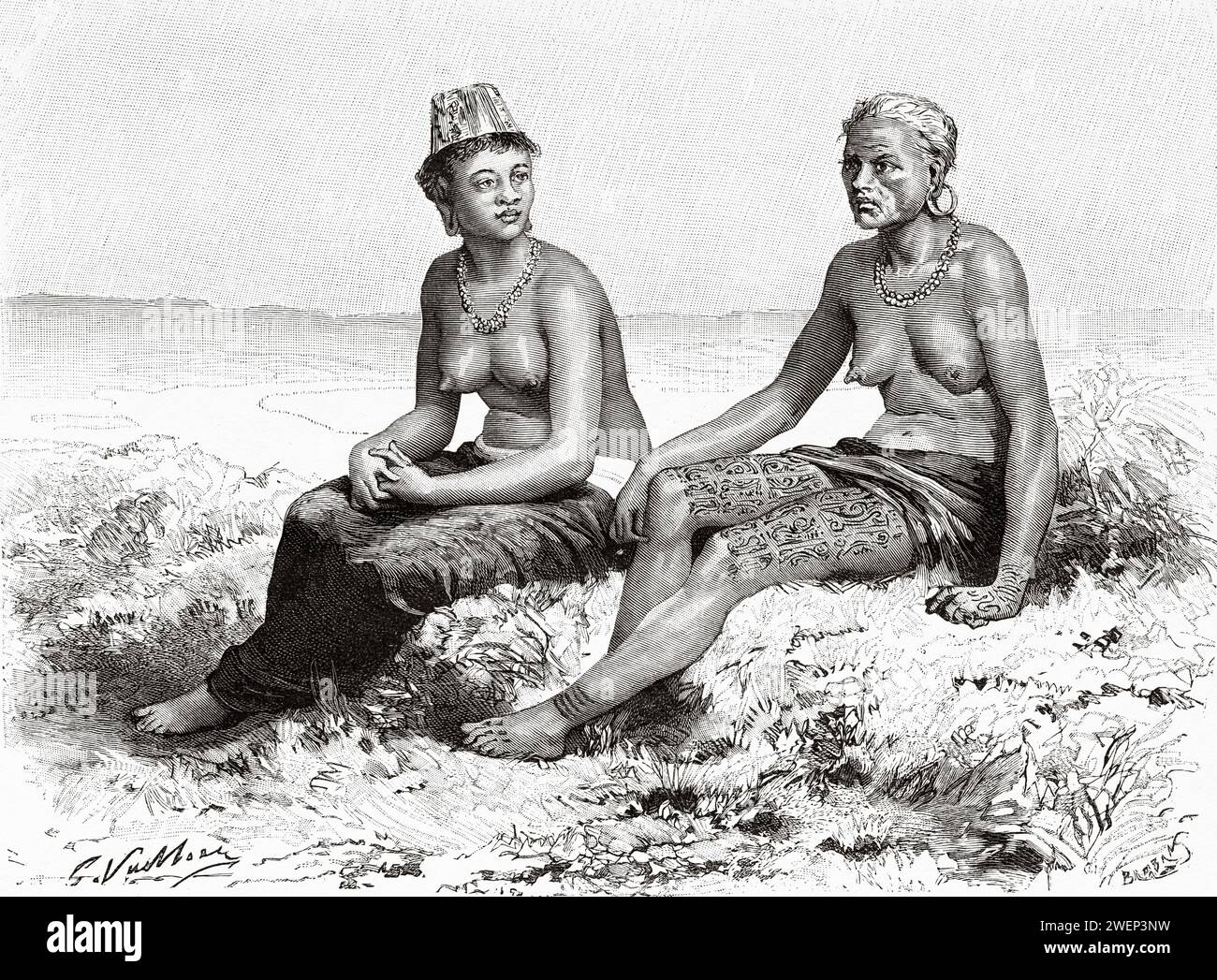 Dyak girl and woman form Long Wai. Kalimantan. Borneo Island, Indonesia. From Koutei to Banjarmasin, a journey through Borneo by Carl Bock (1849 - 1932) Stock Photo