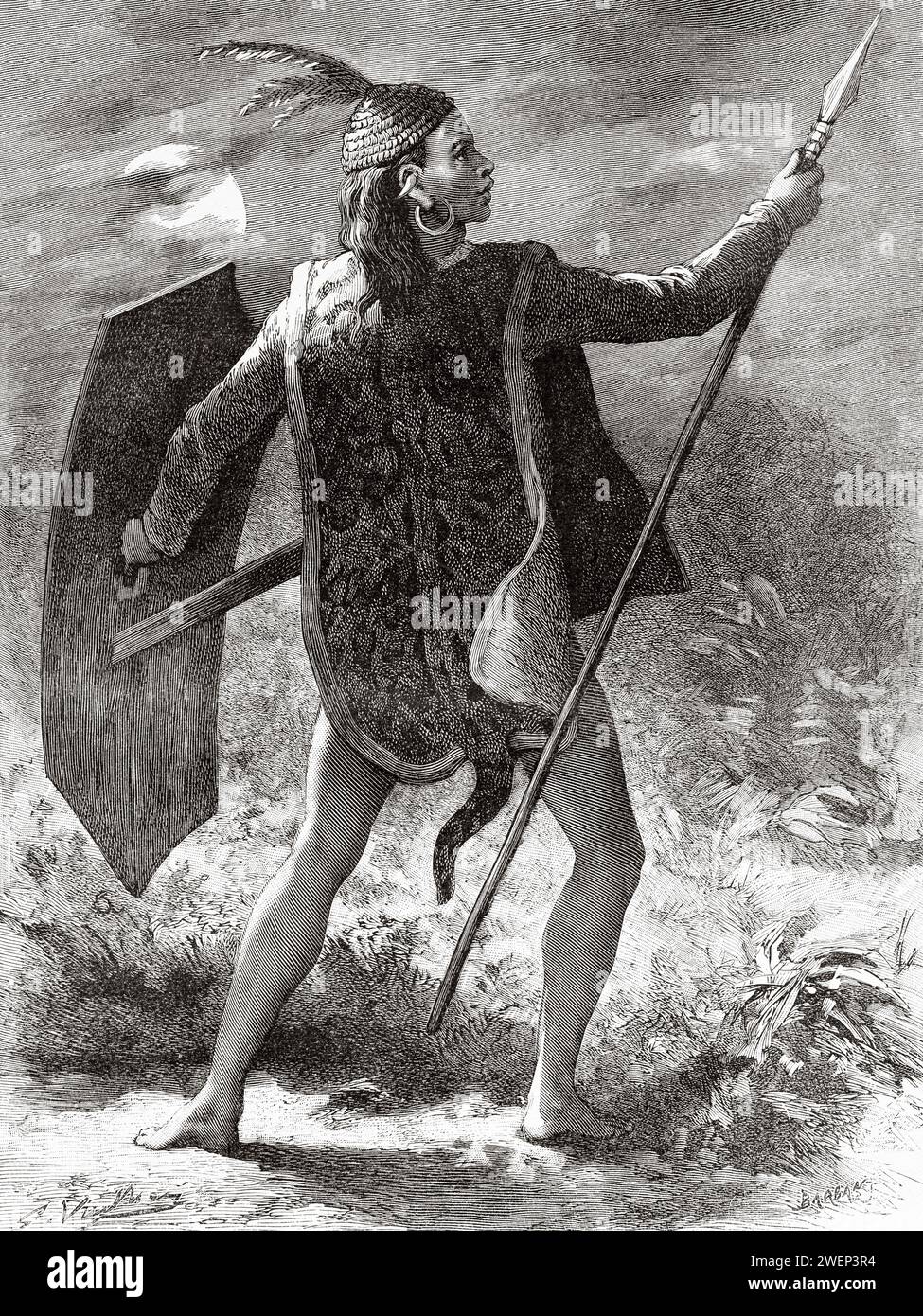 Warrior of Tjoudjoung-Mondjout Dayak, Kalimantan. Borneo Island, Indonesia. From Koutei to Banjarmasin, a journey through Borneo by Carl Bock (1849 - 1932) Stock Photo