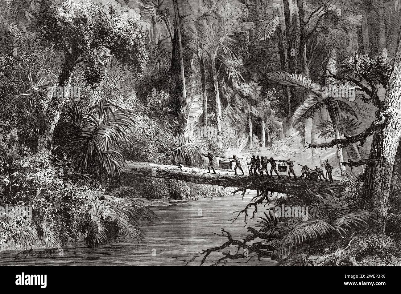 Carl Bock and his team crossing the Benangan river, Kalimantan. Borneo Island, Indonesia. From Koutei to Banjarmasin, a journey through Borneo by Carl Bock (1849 - 1932) Stock Photo