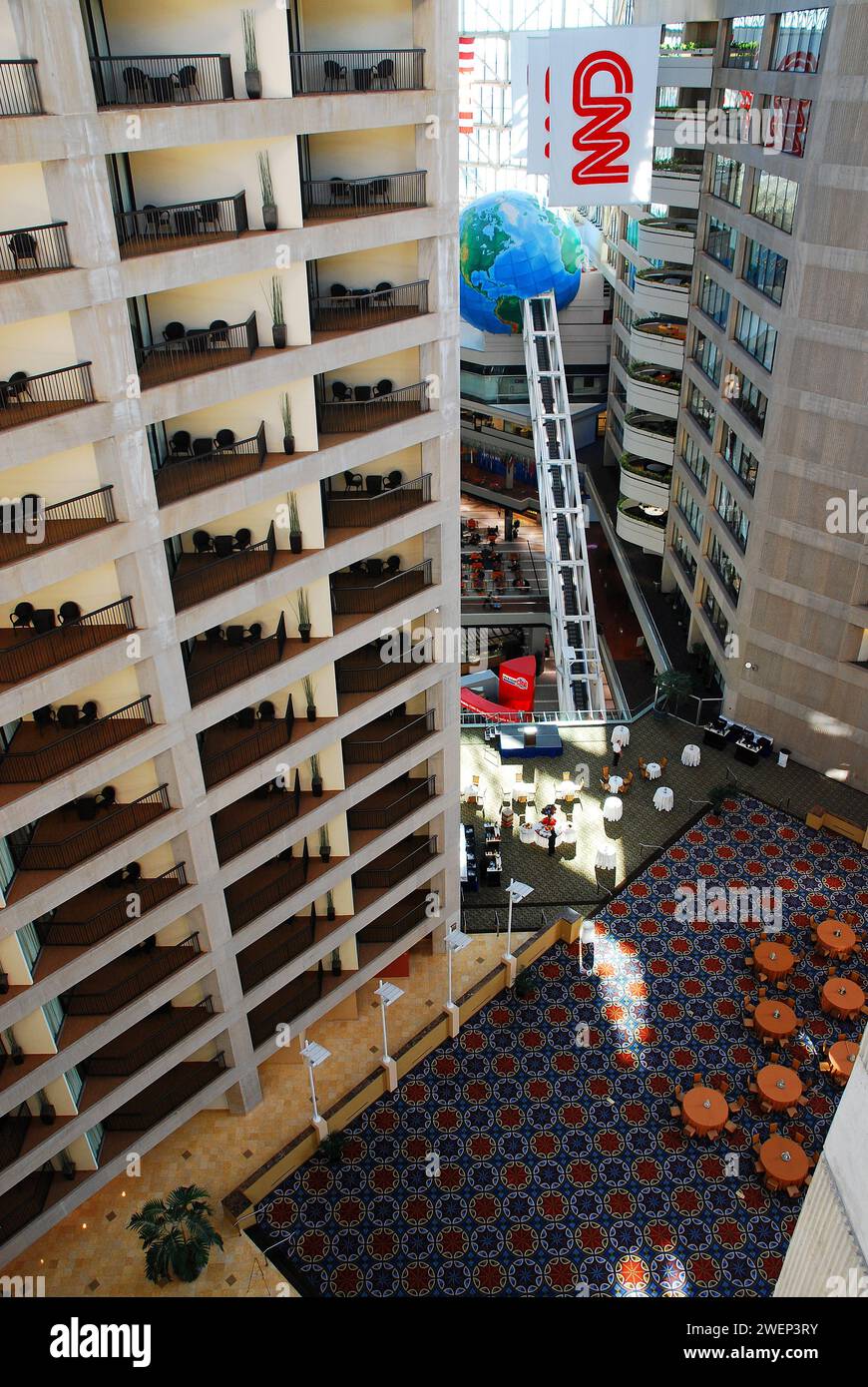An aerial view, of the upper floors of the hotel, provides a look at the atrium lobby of the CNN building in Atlanta Stock Photo