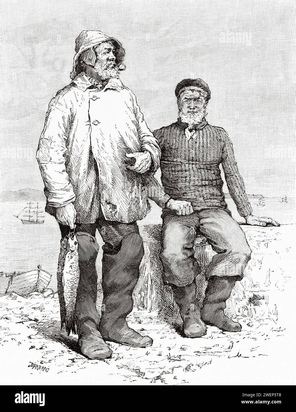Old fishermen from the island of Newfoundland and Labrador, Canada. French Shore of the island of Newfoundland 1886 by Lieutenant Louis Koenig (1847-1920) Stock Photo