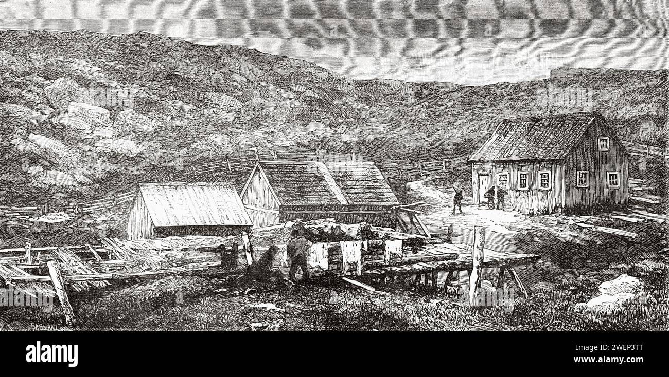 Croque village, Newfoundland and Labrador, Canada. French Shore of the island of Newfoundland 1886 by Lieutenant Louis Koenig (1847-1920) Stock Photo