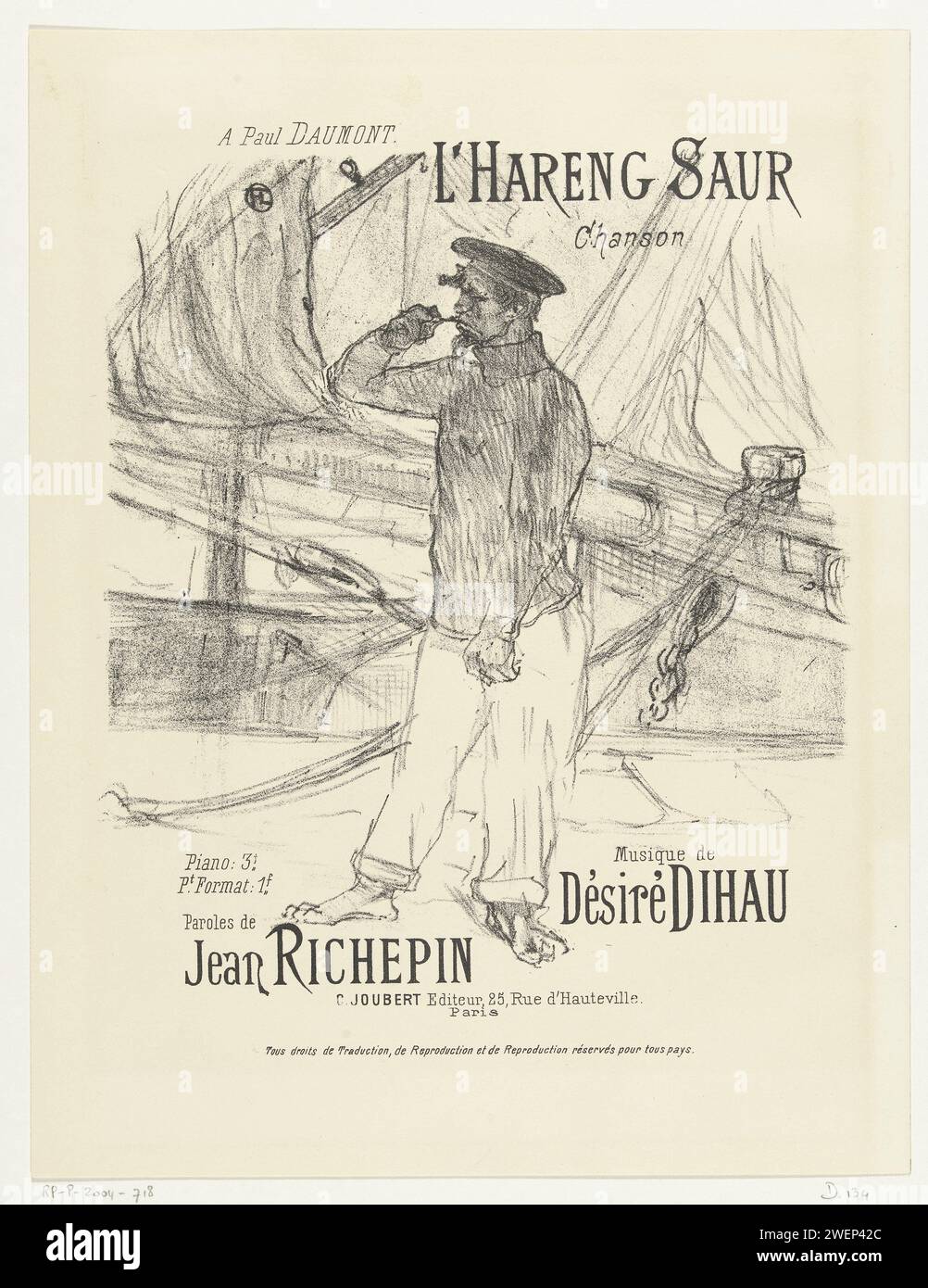 Cover for music magazine with song L'Hareng Saur with sailor on quay with landscaped sailing ships, 1935 print Cover for music magazine with the song L'Hareng Saur. A sailor stands on a quay where sailing ships are anchor. He probably eats a herring (title song) because he holds something with his hand near his mouth, possibly the tail of a fish. The covers for the music magazines were so popular that the series appeared in a re -release with only the title page without music and text on the prints.  paper  sailor Stock Photo