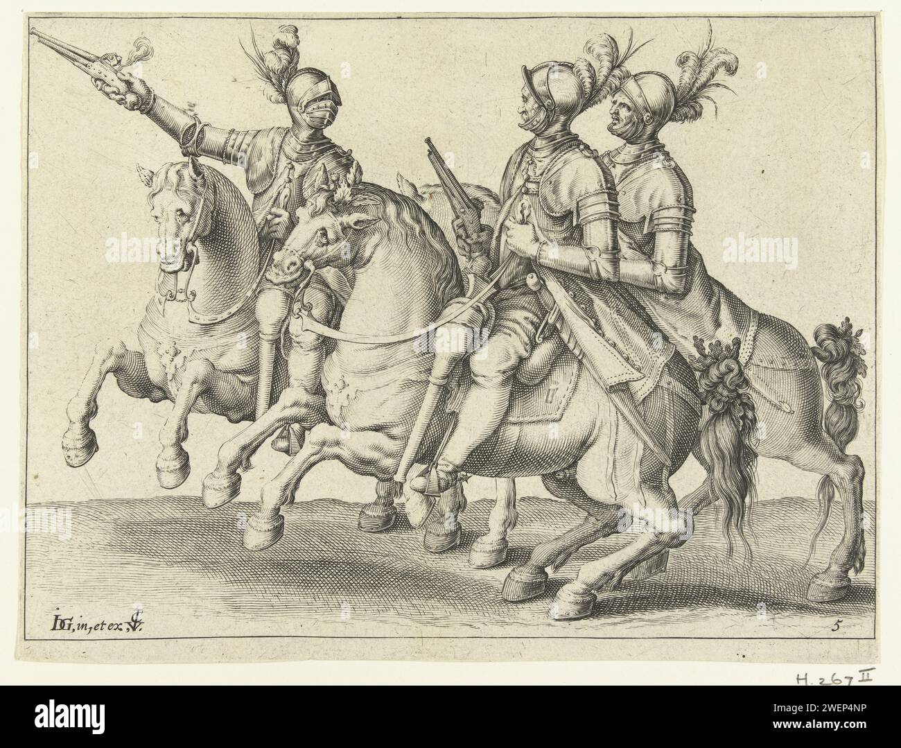 Three riders with pistols, 1640 print Three harnessed men on horseback ...