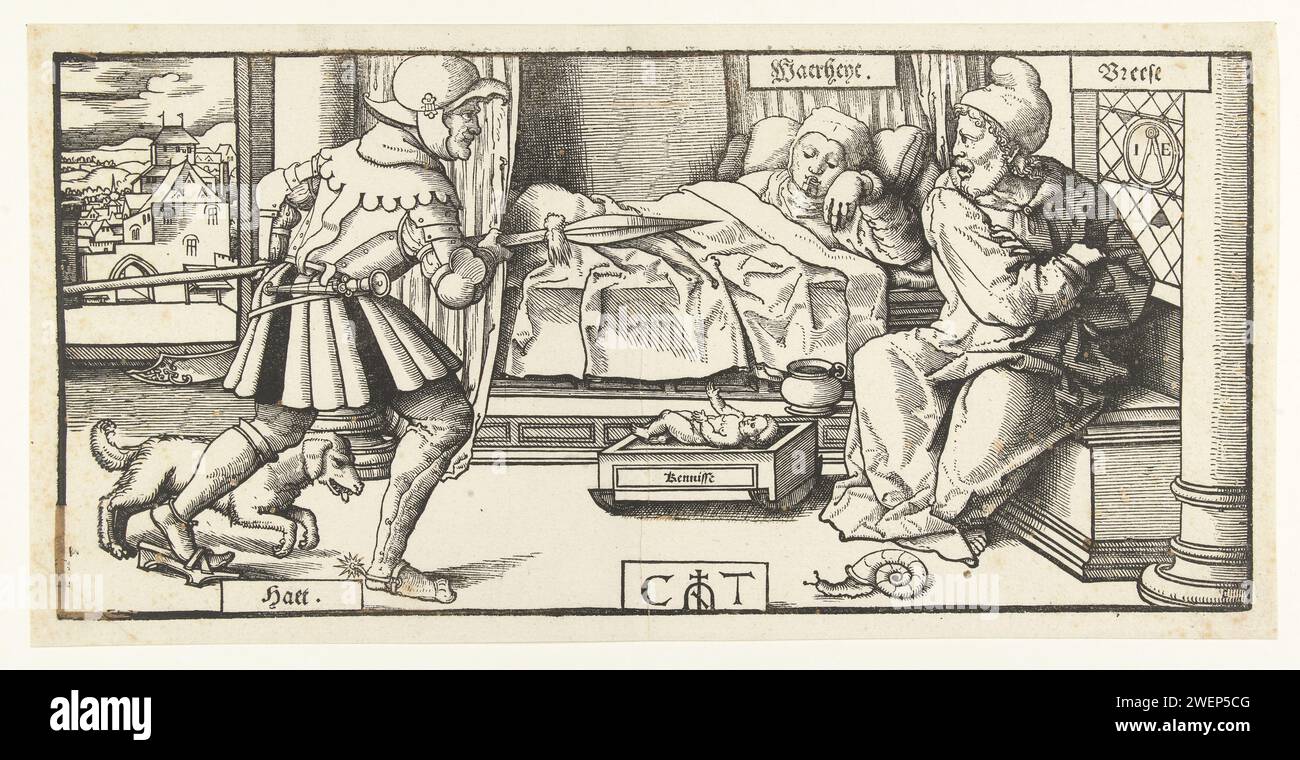 Allegory with truth, knowledge, hatred and fear, Cornelis Anthonisz., 1507 - 1553 print Waerheyt is a woman with a lock on her mouth lying in bed. Next to the bed is Vreese like an old man, with a hat on the head. A snail before him on the ground. Haet is left front, like a soldier with a lance he focuses on Vreese. A dog next to the soldier. Knowledge lies as a baby in a manger.  paper pen Hate; 'HATE CAPITAL '(RIGHT). Truth; 'True' (Ripa). Knowledge; 'Knowledge '' 'Knowledge delle cose' (Ripa). Fear, dread; 'Paura' '' Timidité o fear ',' fear '(Ripa) Stock Photo