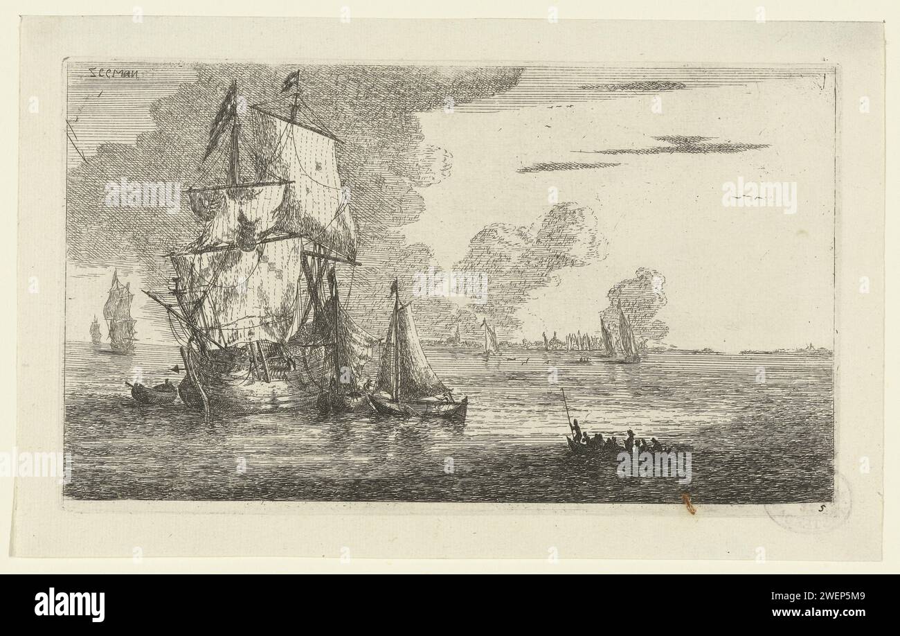 Merchant ship, Reinier Nooms, 1652 print A merchant ship with two small sailing ships and two rowing boats. In the distance a row of mills a city.  paper etching sailing-ship, sailing-boat (with NAME) Stock Photo