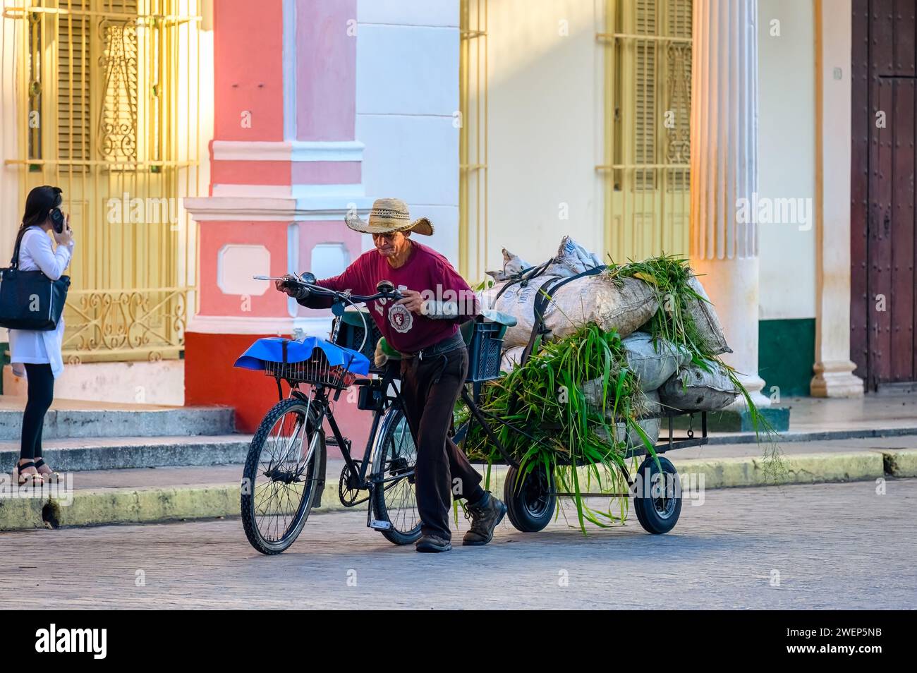 senior cuban man pushing bicycle with grass sacks in downtown district, santa clara, cuba Stock Photo