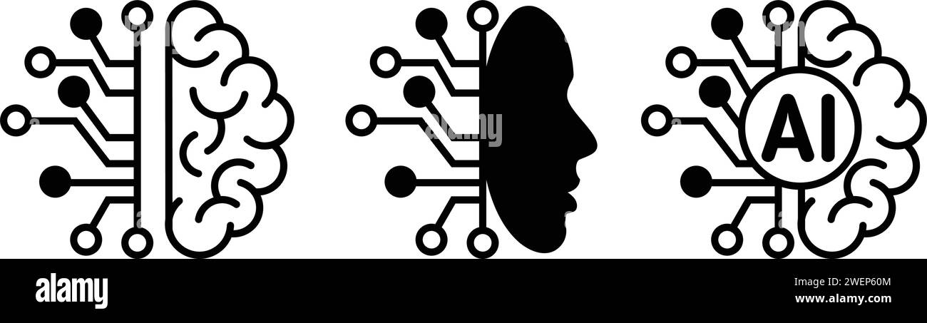 Artificial intelligence technological chip. AI brain circuit board. Vector icon on transparent background Stock Vector