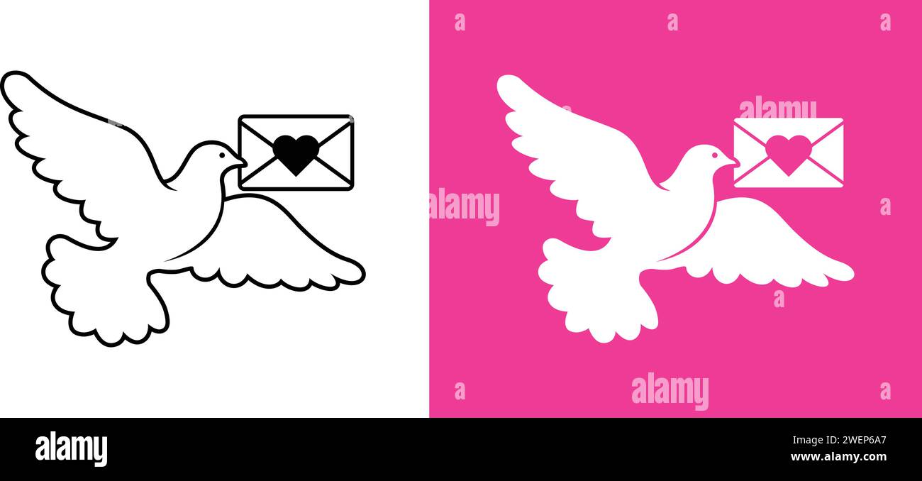 Carrier pigeon with valentine envelope. Mail delivery. Pigeon post. Cartoon Vector on transparent and pink background Stock Vector