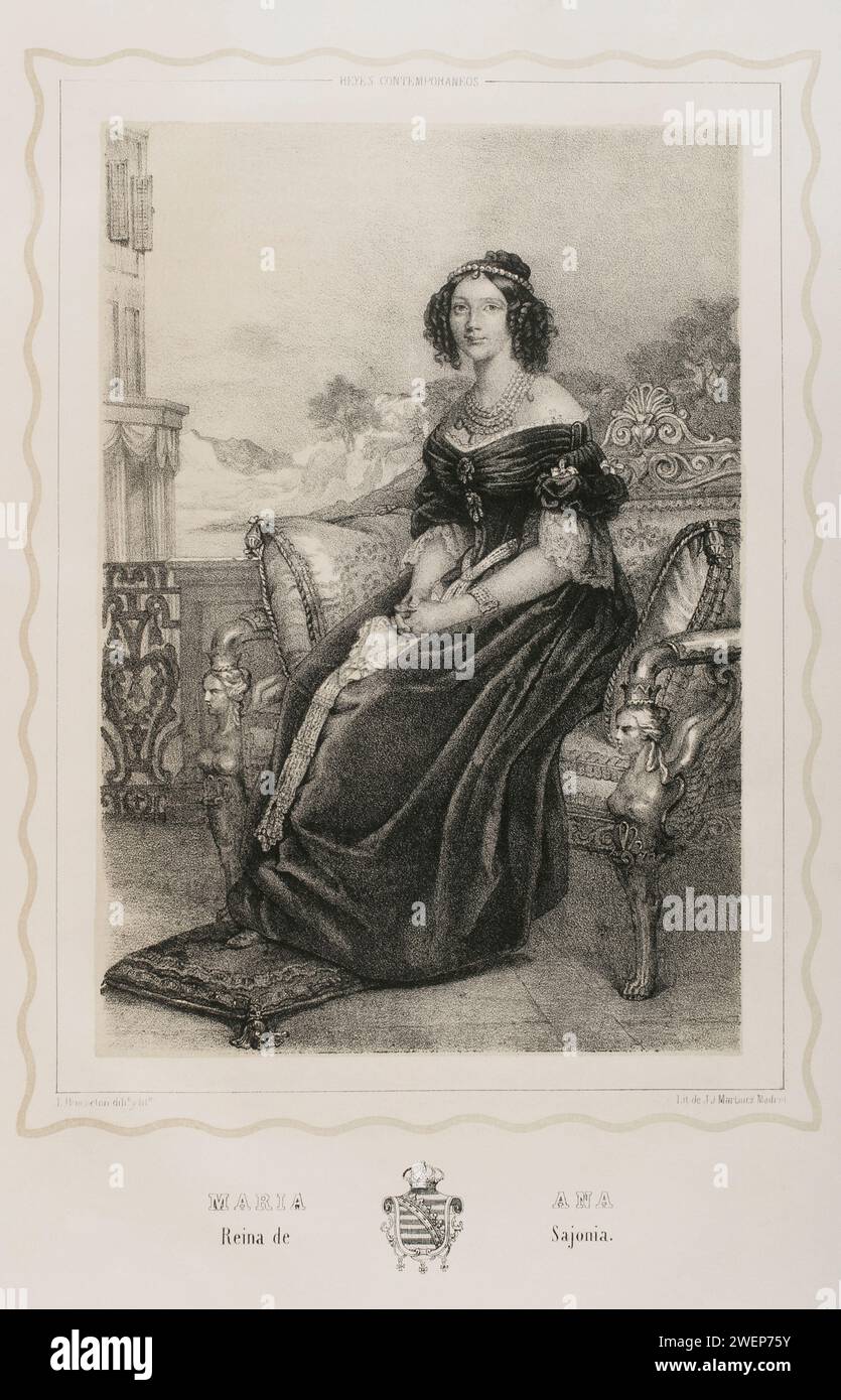 Maria Anna of Bavaria (1805-1877). Queen consort of Saxony (1836-1854) by her marriage to King Frederick Augustus II of Saxony (1797-1854). Portrait. Drawing by I. Brochelon. Lithography by J.J. Martinez. 'Reyes Contemporáneos' (Contemporary Kings). Volume II. Published in Madrid, 1852. Stock Photo
