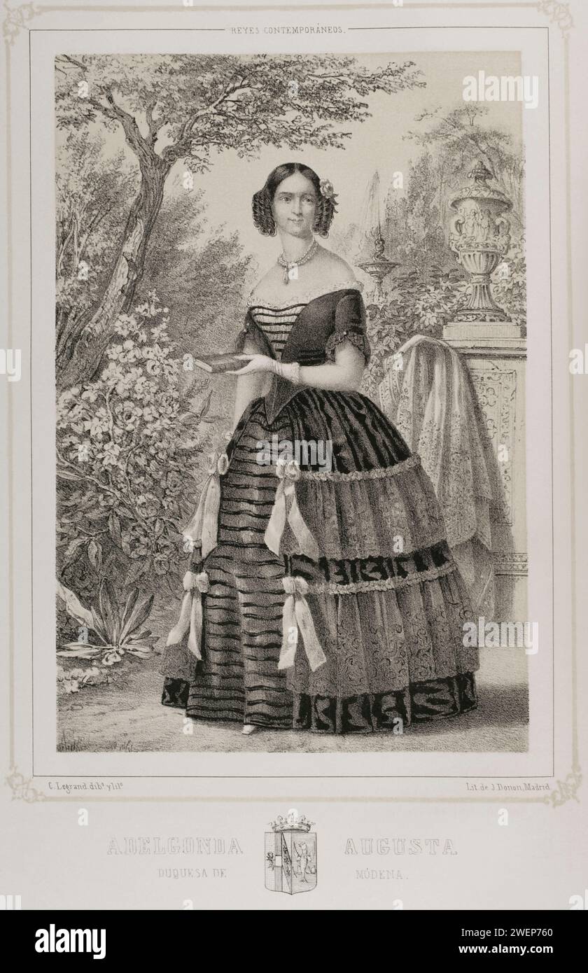 Adelgunde of Bavaria (1823-1914). Duchess consort of Modena and Reggio (1846-1859) by her marriage to Francesco V (1819-1875), Duke of Modena and Reggio. Portrait. Drawing by C. Legrand. Lithography by J. Donón. 'Reyes Contemporáneos' (Contemporary Kings). Volume II. Published in Madrid, 1852. Stock Photo