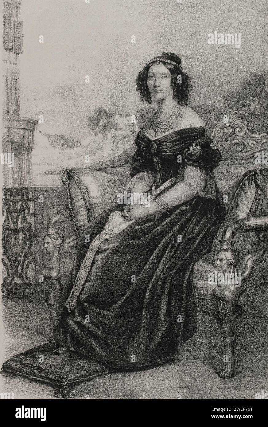 Maria Anna of Bavaria (1805-1877). Queen consort of Saxony (1836-1854) by her marriage to King Frederick Augustus II of Saxony (1797-1854). Portrait. Drawing by I. Brochelon. Lithography by J.J. Martinez. 'Reyes Contemporáneos' (Contemporary Kings). Volume II. Published in Madrid, 1852. Stock Photo