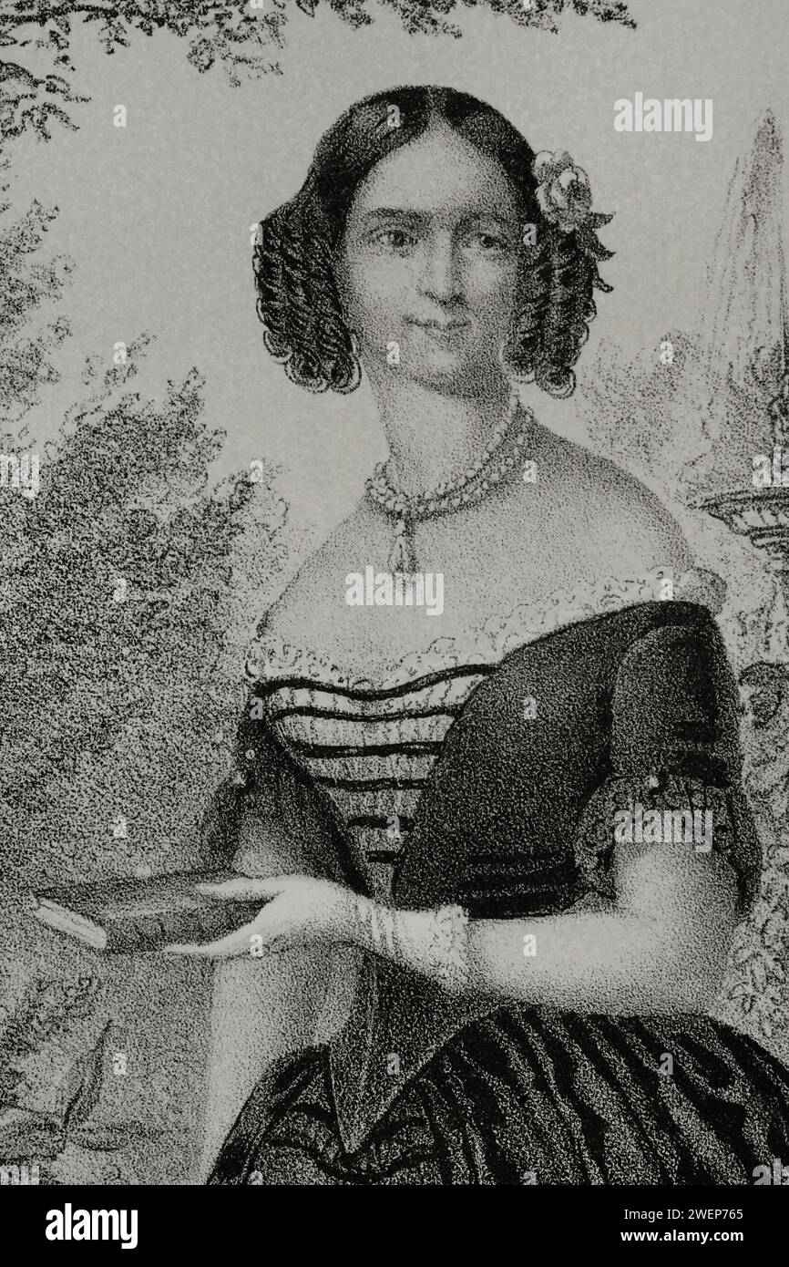 Adelgunde of Bavaria (1823-1914). Duchess consort of Modena and Reggio (1846-1859) by her marriage to Francesco V (1819-1875), Duke of Modena and Reggio. Portrait. Drawing by C. Legrand. Lithography by J. Donón. Detail. 'Reyes Contemporáneos' (Contemporary Kings). Volume II. Published in Madrid, 1852. Stock Photo