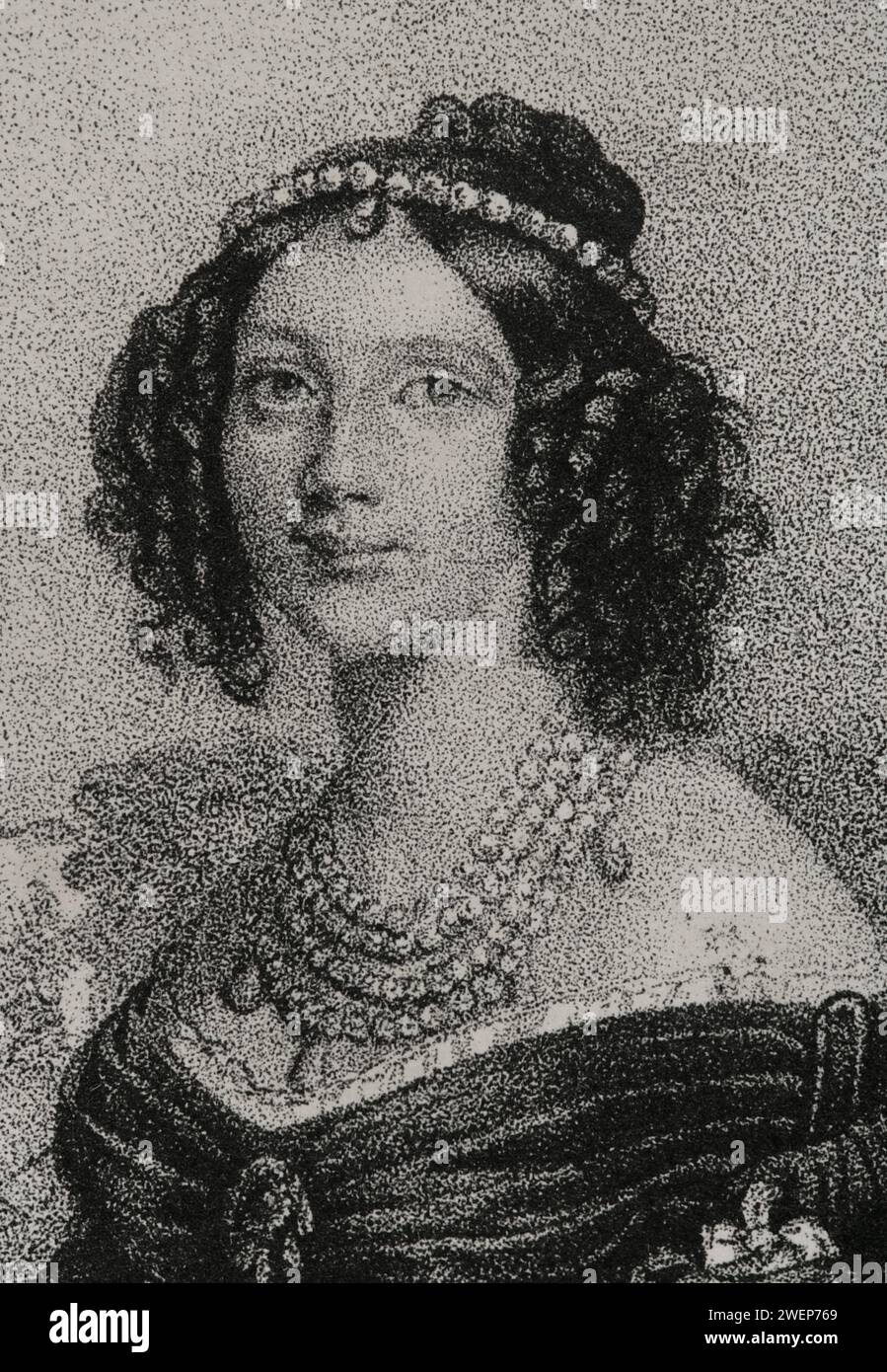 Maria Anna of Bavaria (1805-1877). Queen consort of Saxony (1836-1854) by her marriage to King Frederick Augustus II of Saxony (1797-1854). Portrait. Drawing by I. Brochelon. Lithography by J.J. Martinez. Detail. 'Reyes Contemporáneos' (Contemporary Kings). Volume II. Published in Madrid, 1852. Stock Photo