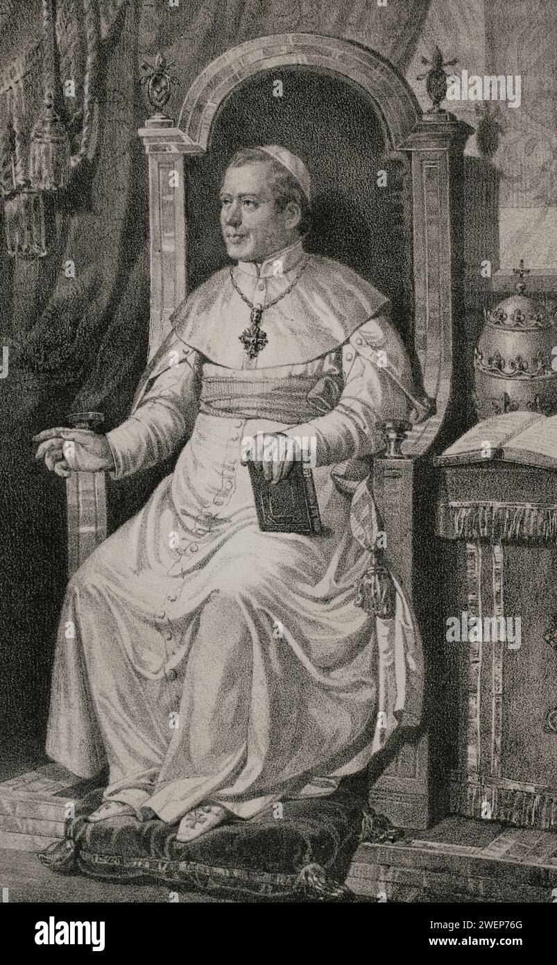 Pius IX (1792-1878). Italian pope (1846-1878), born Giovanni Maria Mastai Ferretti. Portrait. Drawing by B. Blanco. Lithography by J. Donón. 'Reyes Contemporáneos' (Contemporary Kings). Volume II. Published in Madrid, 1852. Stock Photo