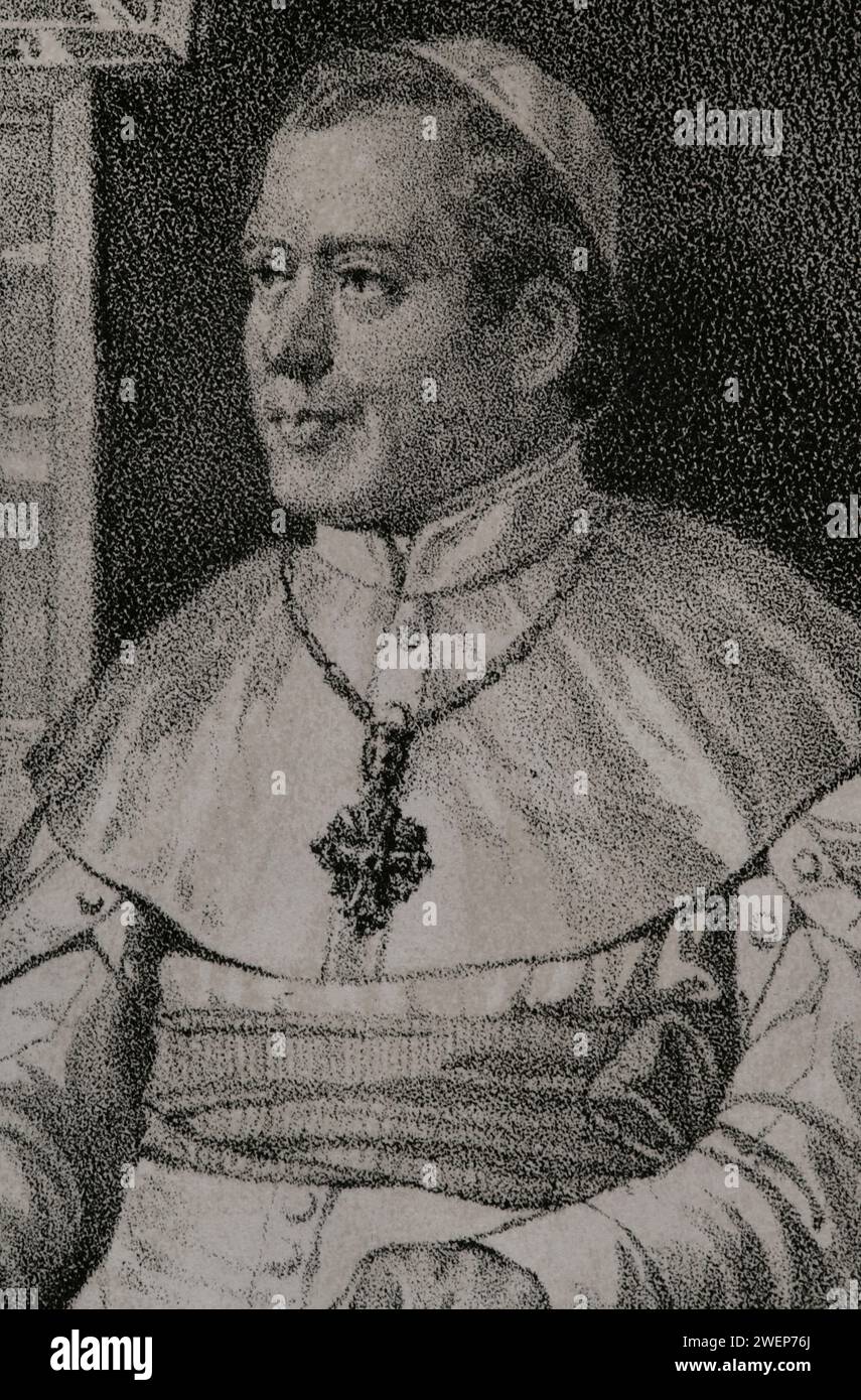 Pius IX (1792-1878). Italian pope (1846-1878), born Giovanni Maria Mastai Ferretti. Portrait. Drawing by B. Blanco. Lithography by J. Donón. Detail. 'Reyes Contemporáneos' (Contemporary Kings). Volume II. Published in Madrid, 1852. Stock Photo