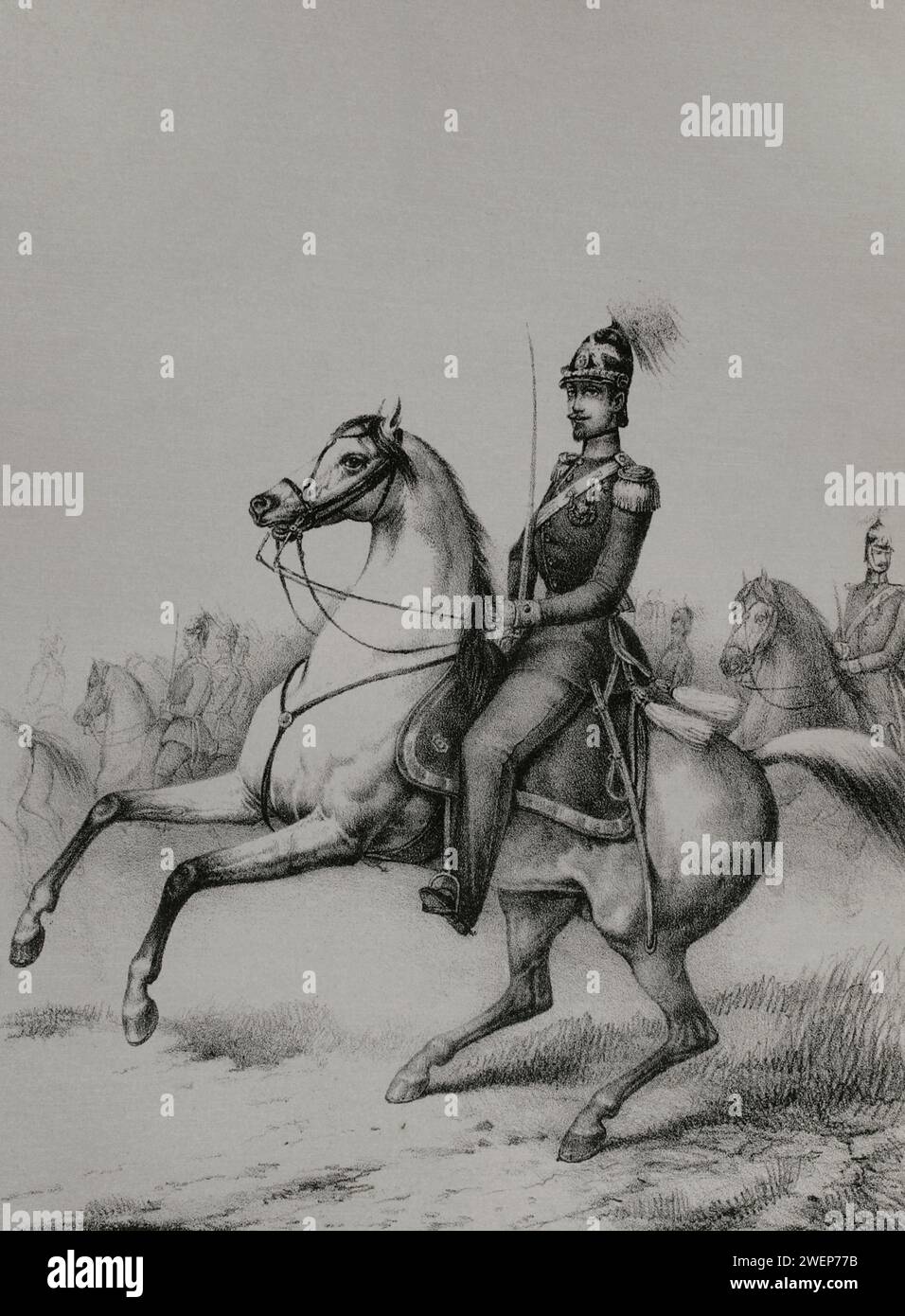 Frederick I (1826-1907). Grand Duke of Baden (1856-1907). Equestrian portrait. Drawing by M. Iglesias. Lithography by J.J. Martinez. 'Reyes Contemporáneos' (Contemporary Kings). Volume II. Published in Madrid, 1852. Stock Photo