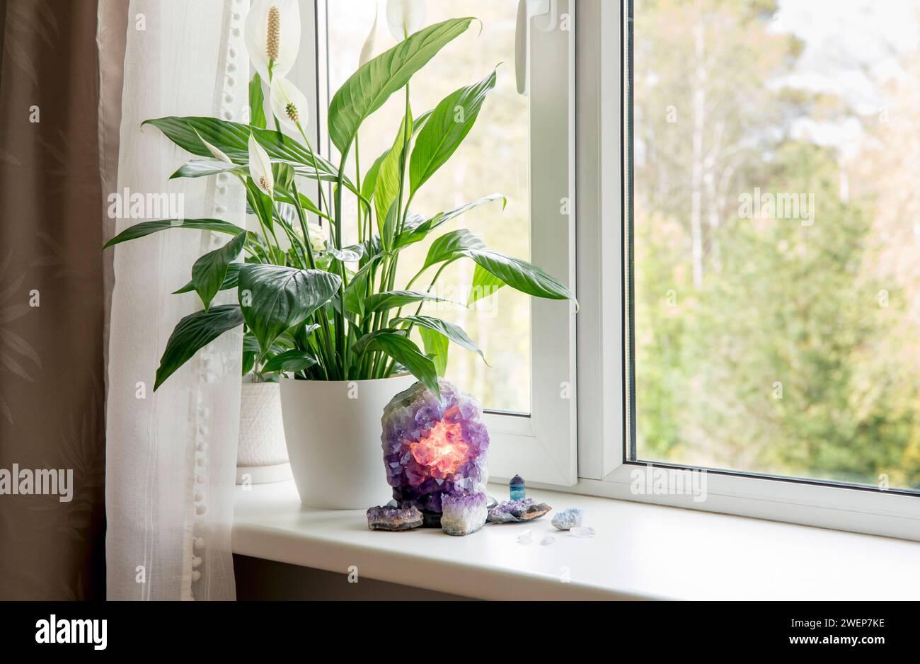 Amethyst geode lamp illuminated, spiritual calming home atmosphere. Air cleaning plant flower Spathiphyllum, spath or peace lily growing on window. Stock Photo