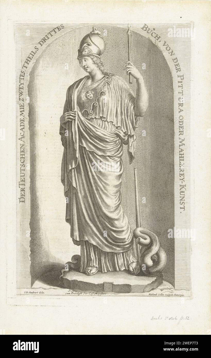 Minerva, Richard Collin, after Joachim von Sandrart (I), 1675 - 1680 print Image of an image of the goddess Minerva, also known as the Giustiniani Minerva. Minerva holds her spear in her left arm. Title page for Teutsche Academie der Edlen Bau, Bild-und Mahlerey-Künste 2nd part, the 3rd book about painting.  paper engraving / etching piece of sculpture, reproduction of a piece of sculpture. (story of) Minerva (Pallas, Athena) Stock Photo