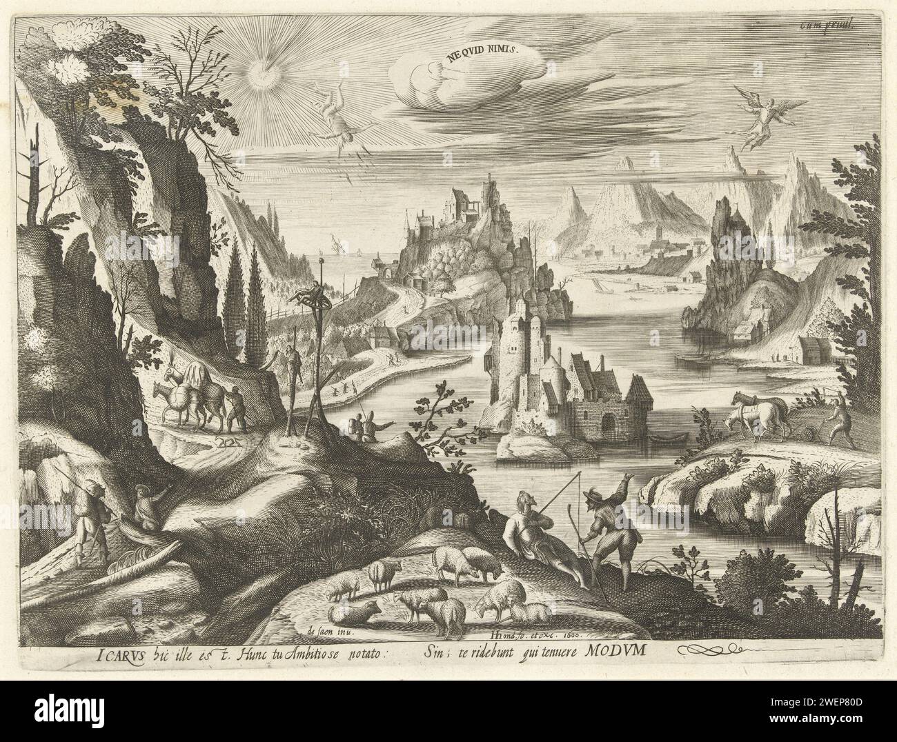 Landscape with the fall of Icarus, Hendrick Hondius (I), After Aegidius van Saen, 1600 print Mountain landscape with a river, above which Icarus tumbles out of the air, after having flown too close to the sun, so that the laundry between its wings has melted. On the right in the air are father Daedalus. In the foreground, countrymen are busy with their daily activities and look up surprised. All in the background a sea with a few ships. Under the show a text in Latin.  paper engraving death i.e. the fall of Icarus, without Daedalus. river. angling Stock Photo