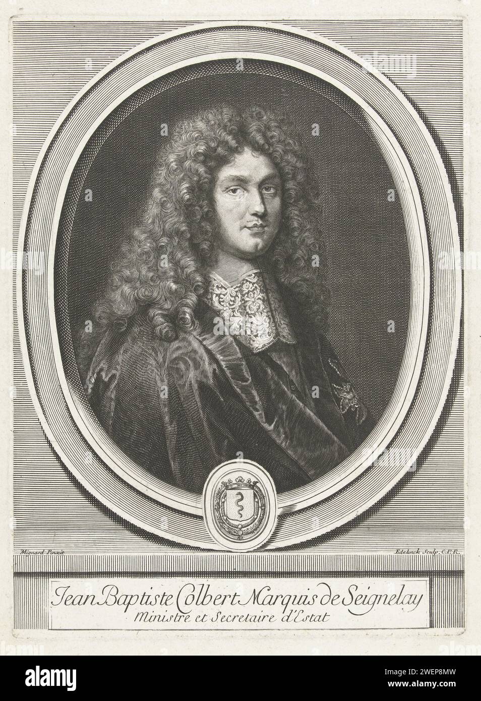 Portret van Jean-Baptiste Colbert de Seignelay, Gerard Edelinck, after Pierre Mignard (1612-1695), 1666-1707 print Portrait of the French politician Jean-Baptiste Antoine Colbert, Marquis van Seignelay (1651-1690), depicted in ovale accompaniment with weapon.  paper engraving Stock Photo