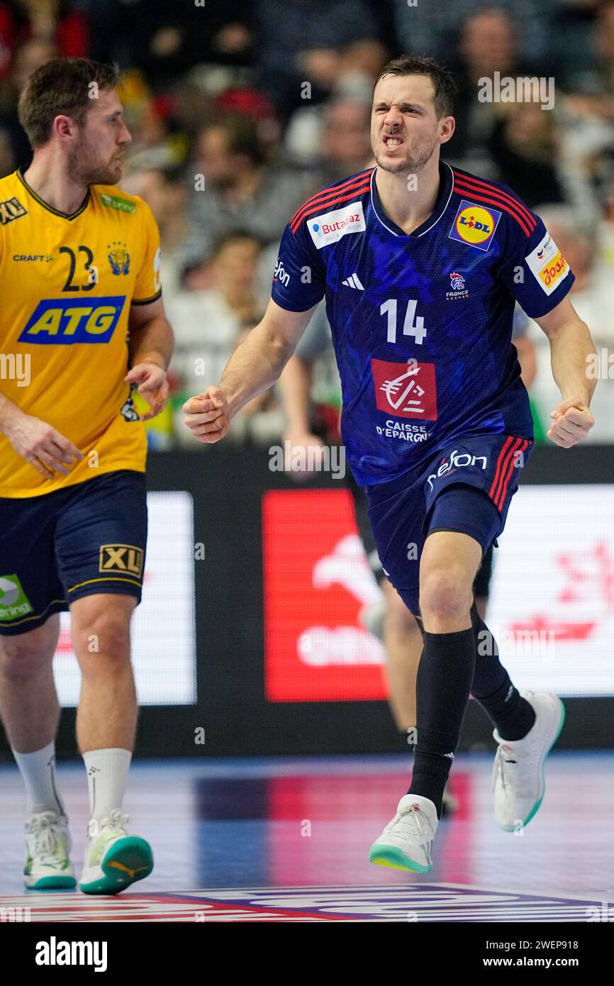 France's Kentin Mahe celebrates after scoring during the Handball