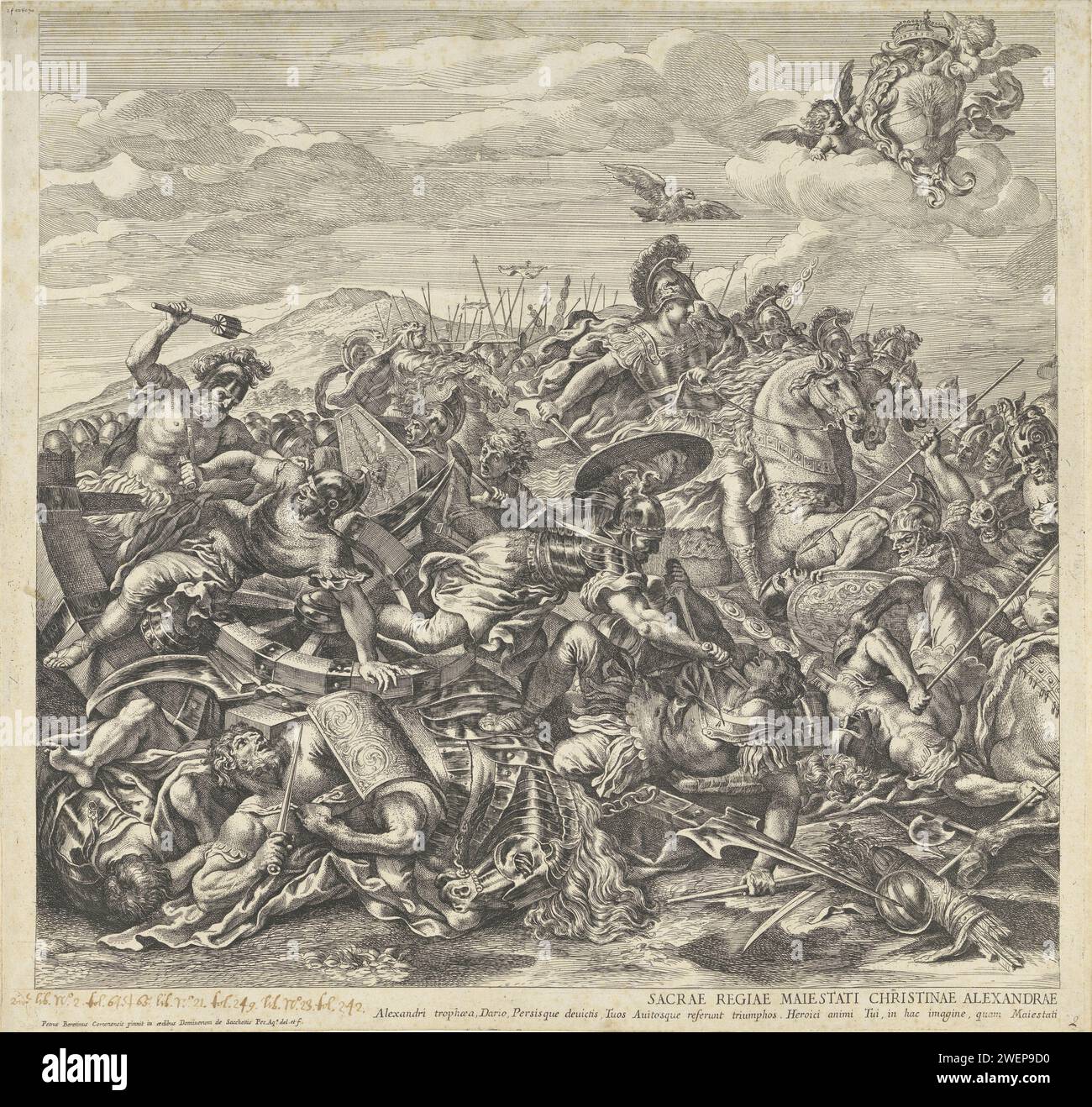 Battle of Arbella (left part), Pietro Aquila, after Pietro da Cortona, 1660 - 1692 print The battle between the armies of Alexander the Great and Darius at Arbella. At the top right putti with a coat of arms.  paper etching the soldier; the soldier's life. battle. fighting. warfare; military affairs (+ cavalry, horsemen). (story of) Alexander the Great. (story of) Darius, king of Persia Stock Photo