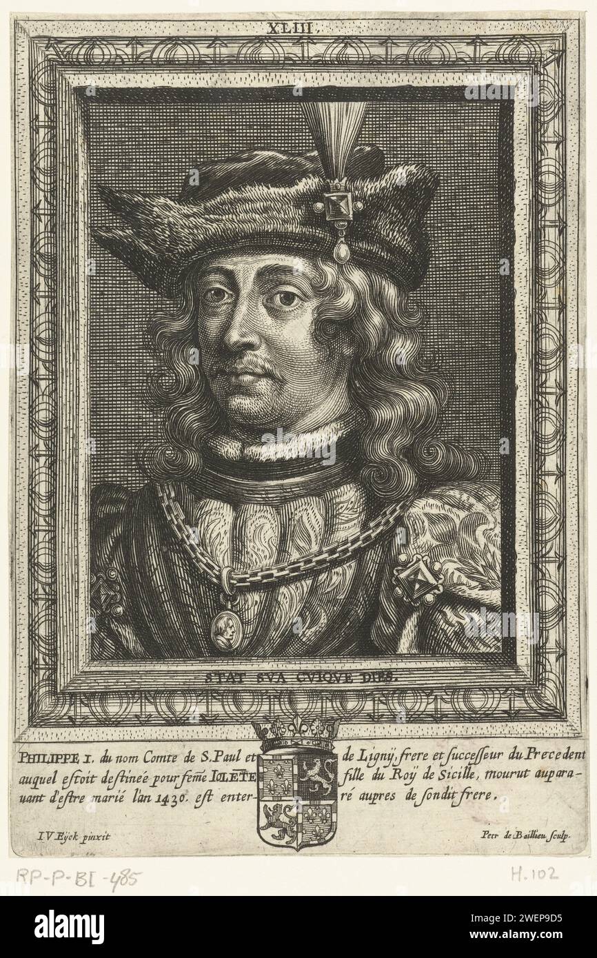 Portrait of Count Philip I, Pieter de Bailliu (I), After Jan van Eyck, 1661 print   paper engraving Stock Photo
