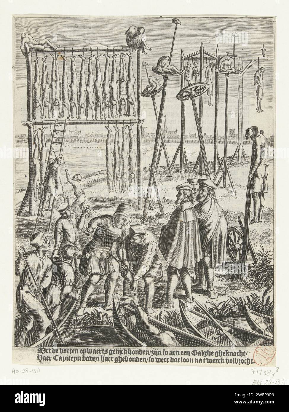 The corpses of the backlower on the Galgenveld, 1535, 1612 - 1614 print The corpses of the reverse sky are hung on gallows on the Galgenveld Volewijk, 1535. Print from the book. Under the show a verse of two lines.  paper engraving body of the executed displayed in public Volewijk Stock Photo