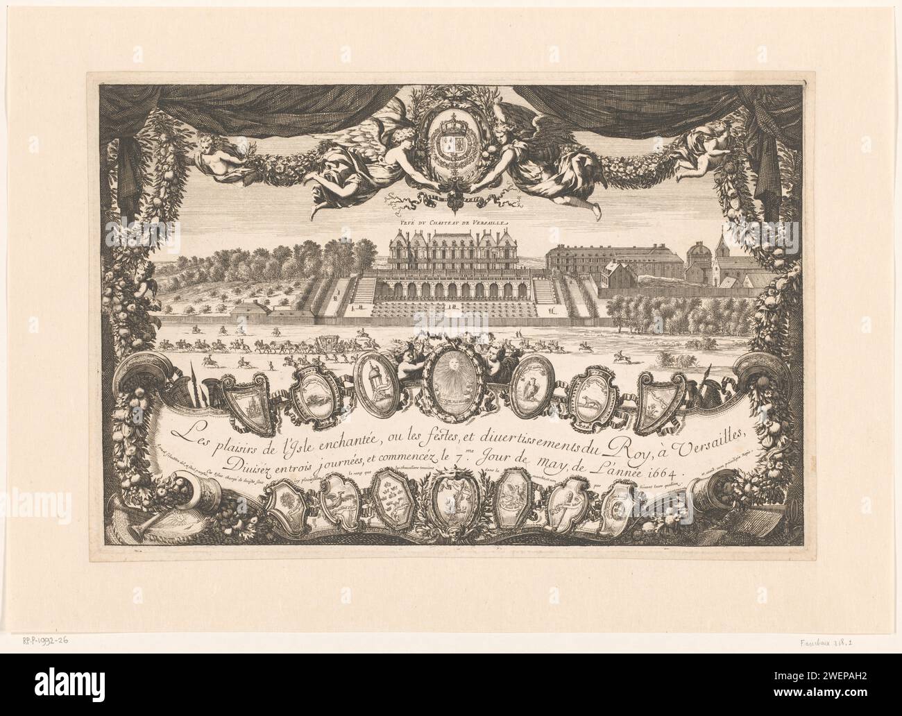 Title print with a view of Castle Versailles with procession riders, Israel Silvestre, After Jean Lepautre, After 1664 print In the foreground a vignette that covers the entire width of the magazine with the title, decorated with an edge of fourteen weapons. On the second plan the castle of Versailles, for which a rider procession. The whole in an ornament edge of Garlandes consisting of fruits. In the middle of two winged figures that hold the royal weapon between them.  paper etching / engraving landscape with tower or castle. festivities. king Versailles Stock Photo