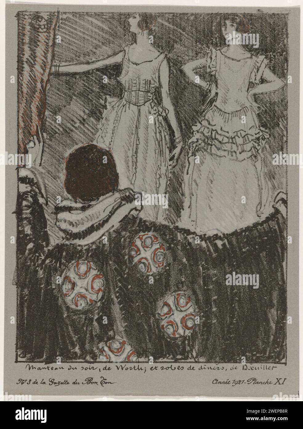 Gazette du Bon Ton, 1921 - No. 3, Pl. XI: evening coat, Worth; and dinner dresses, Doeuillet, Porter Woodruff, 1921  The woman in the foreground, seen on the back, is dressed in a black evening mantle from Worth. The other two women wear Dinerjapons from Doeuillet. Planche XI from a series of four lithographs entitled: 'Les Modes and L'An de Grace Mil Neuf Cent Vingt Un', from Gazette du Bon Ton 1921, No. 3. Explanation about the clothing on page 'Explication des planches'.  paper  fashion plates. dress, gown: dinner dress (+ women's clothes). coat (EVENING COAT) (+ women's clothes) Stock Photo