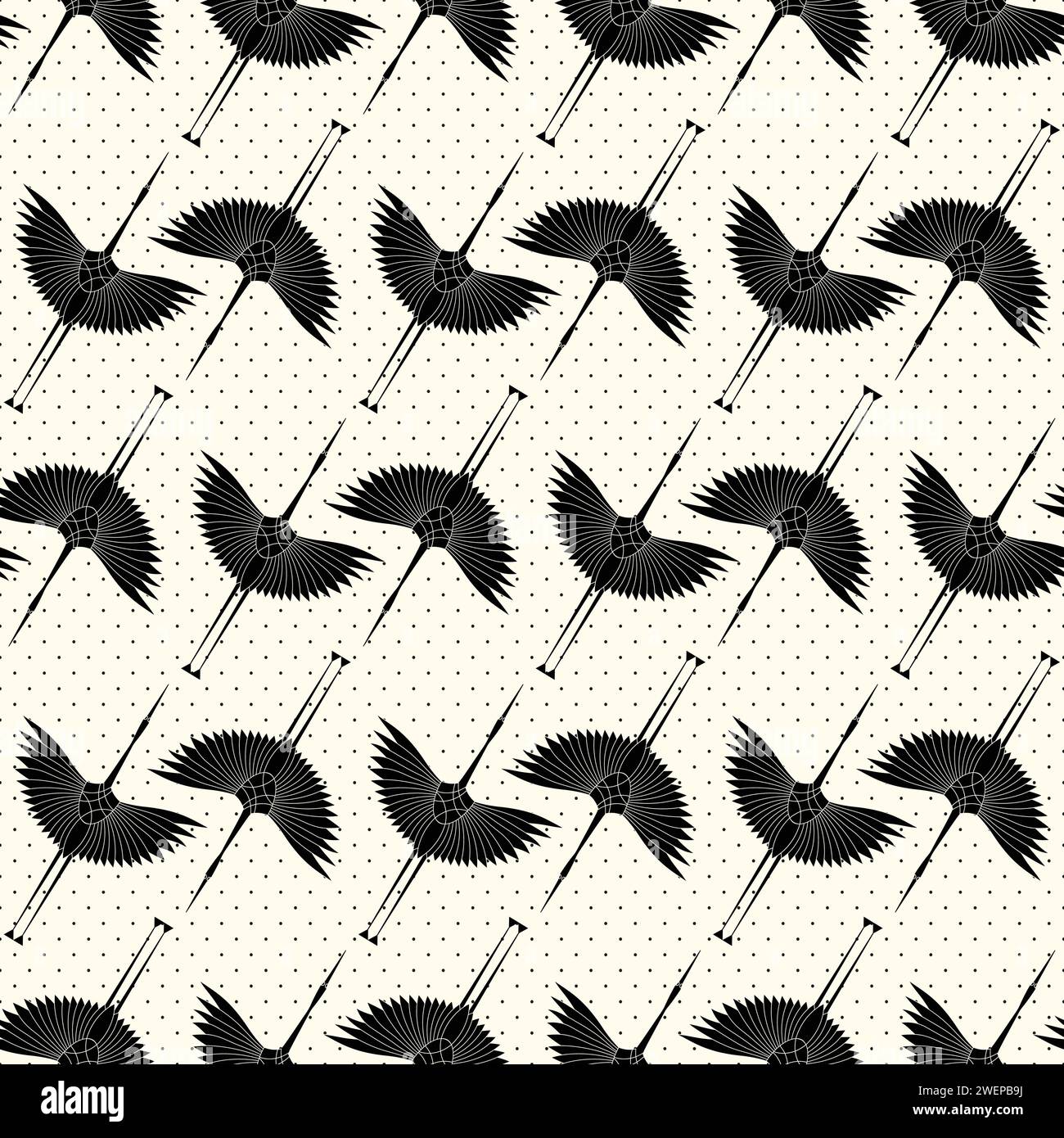 Herons in Art Deco style. Seamless Pattern for interior decoration, textiles. Fashionable home decor. Vector illustration dots texture on white Stock Vector