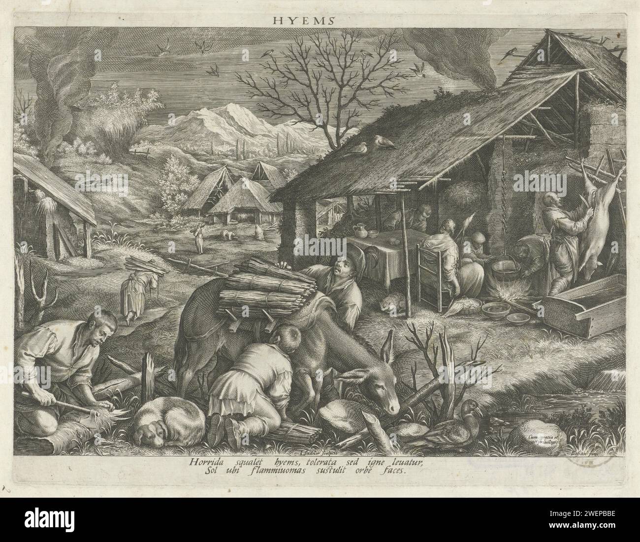 Winter, Johann Sadeler (I), after Jacopo Bassano, 1587 - 1595 print A winter landscape with winter activities. In the foreground, wood is cut and collected. A donkey transports the branch forests on the back. Right a farm for which a pig is slaughtered. A woman is spinning under a shelter. The print has a Latin caption and is part of a four -part series with the four seasons the subject.  paper engraving winter  human activities (the four seasons of the year). woodcutting, woodcutter  forestry. transport of timber, timber-trailer. slaughtered ox or pig. woodgathering, woodgatherer Stock Photo